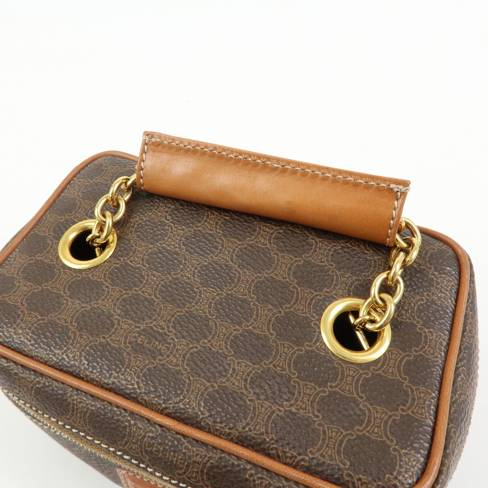 CELINE Macadam PVC Leather Chain Mini Hand Bag Vanity Bag Brown