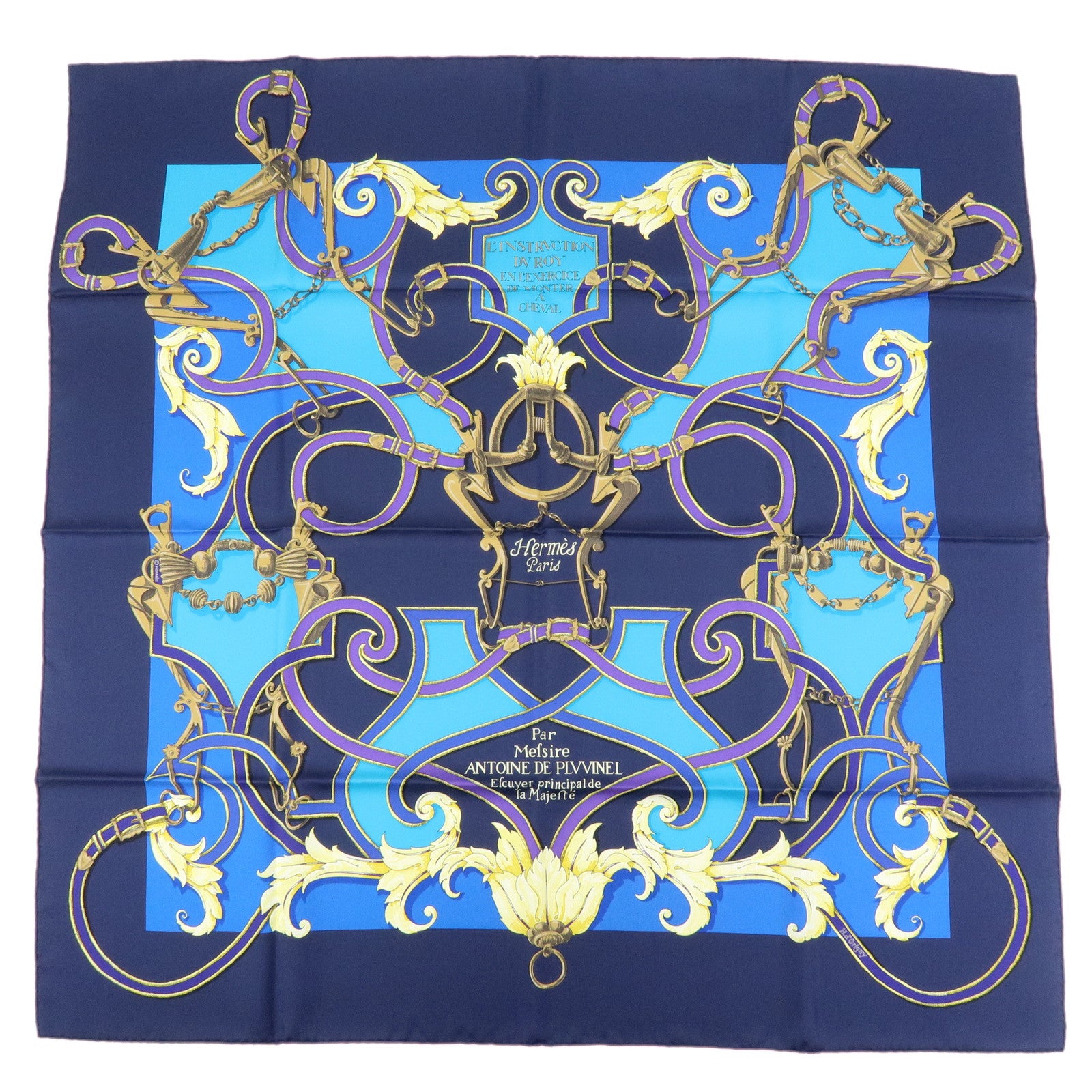 HERMES Carre90 Silk100% L’INSTRVCTION DV ROY Scarf Navy Blue Purple