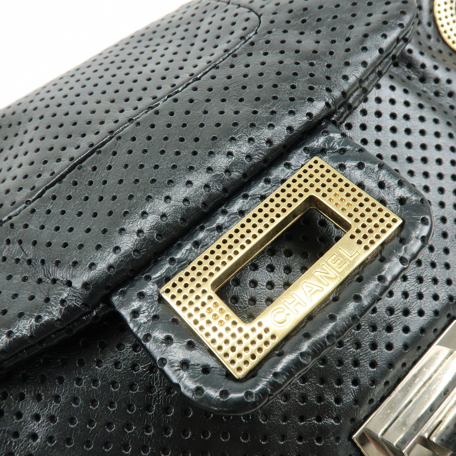 CHANEL 2.55 Punching Calf Leather Chain Shoulder Bag  Black
