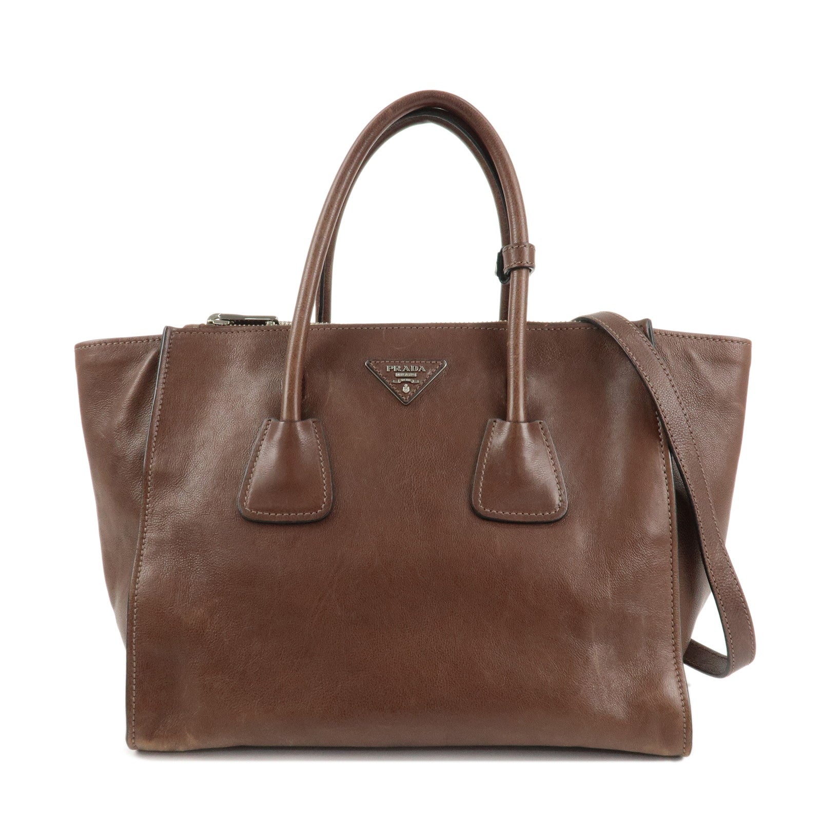 PRADA Triangle Logo Leather 2way Hand Bag Shoulder Bag Brown BN2619 Used