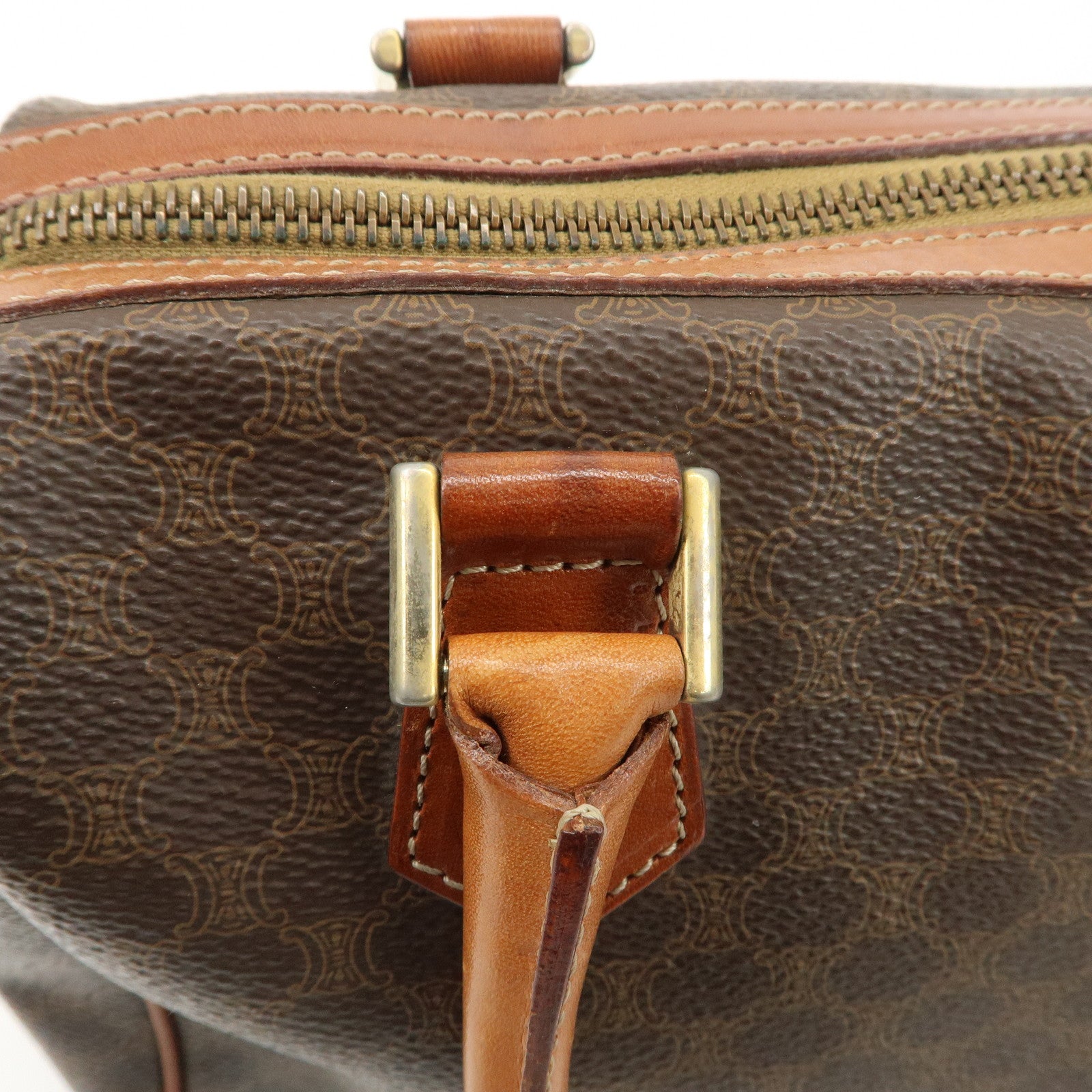CELINE Macadam Leather PVC Boston Bag Hand Bag Brown Used