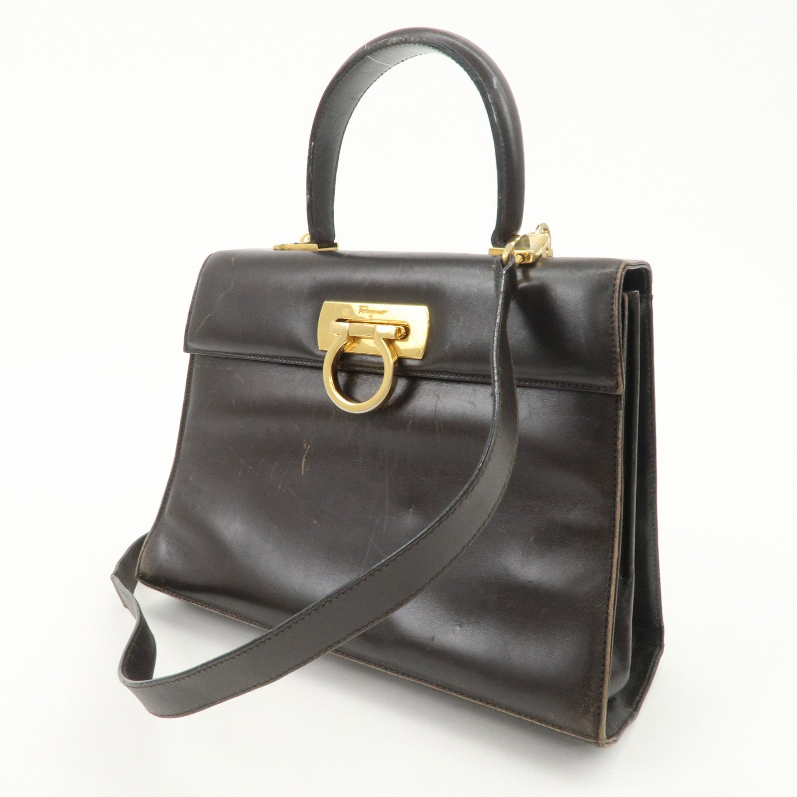 Ferragamo Gancini Leather 2Way Hand Bag Shoulder Bag Brown