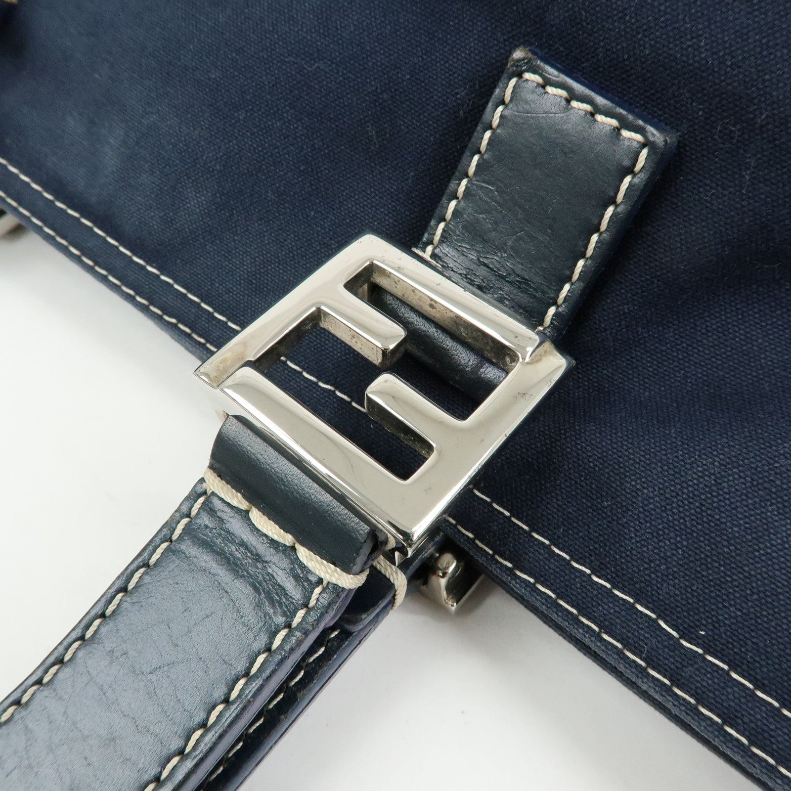 FENDI Canvas Leather Tote Bag Hand Bag Navy