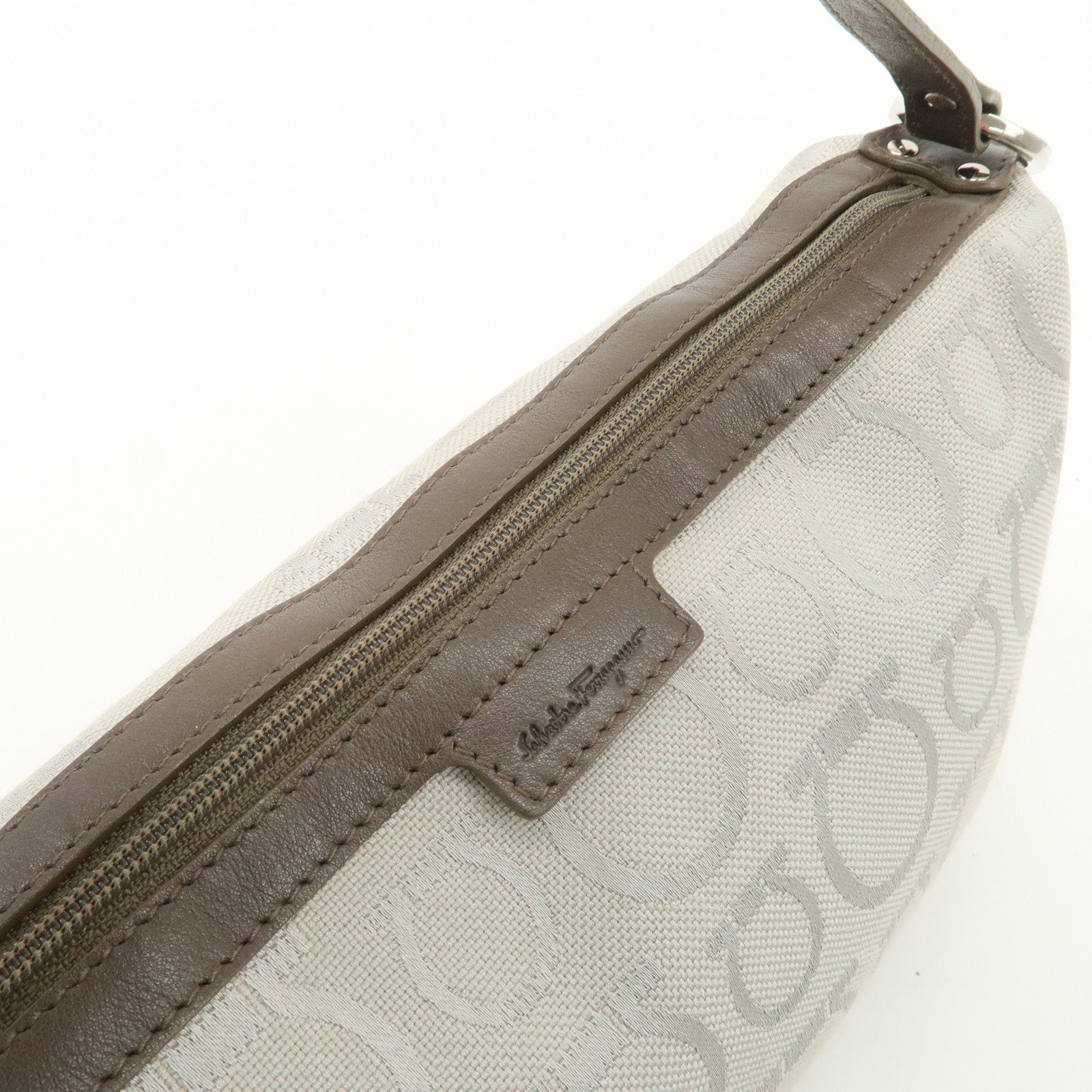 Ferragamo Gancini Leather Canvas Shoulder Bag Brown Silver Used