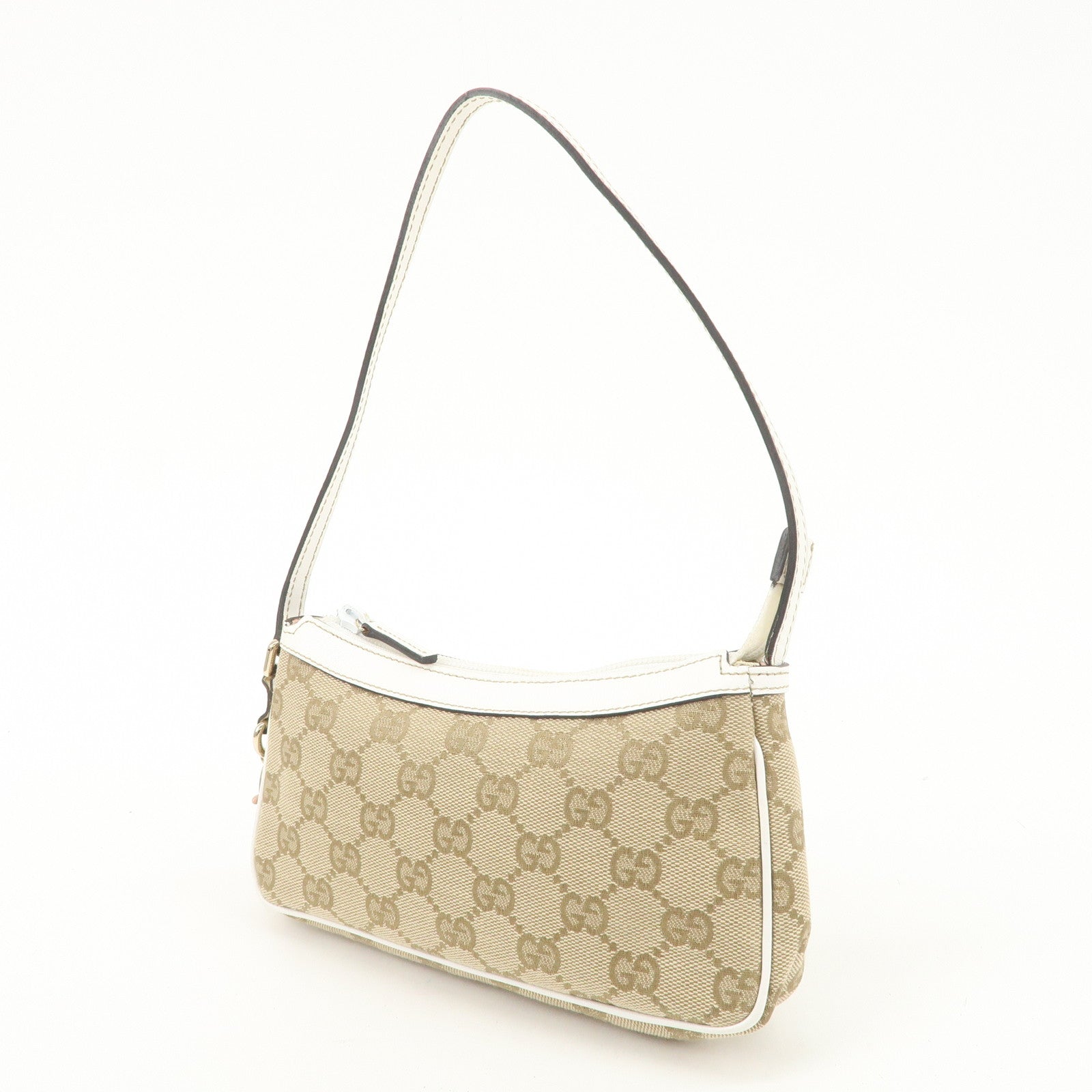 GUCCI GG Canvas Leather Hand Bag Accessory Pouch Beige Ivory 154432 Used