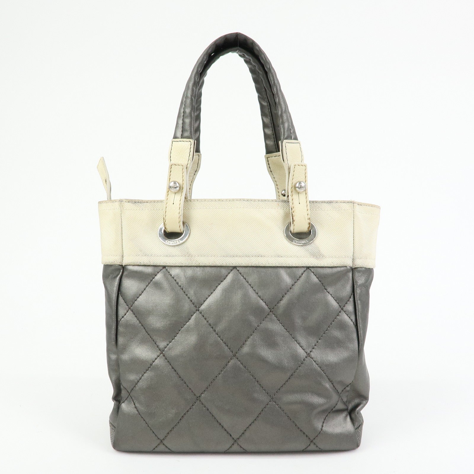 CHANEL Paris Biarritz PM Coated Canvas Leather Tote Bag Gray A34208