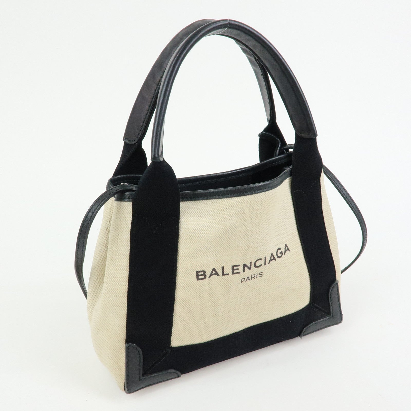 BALENCIAGA Navy Cabas XS Canvas Leather 2WAY Bag Ivory 390346