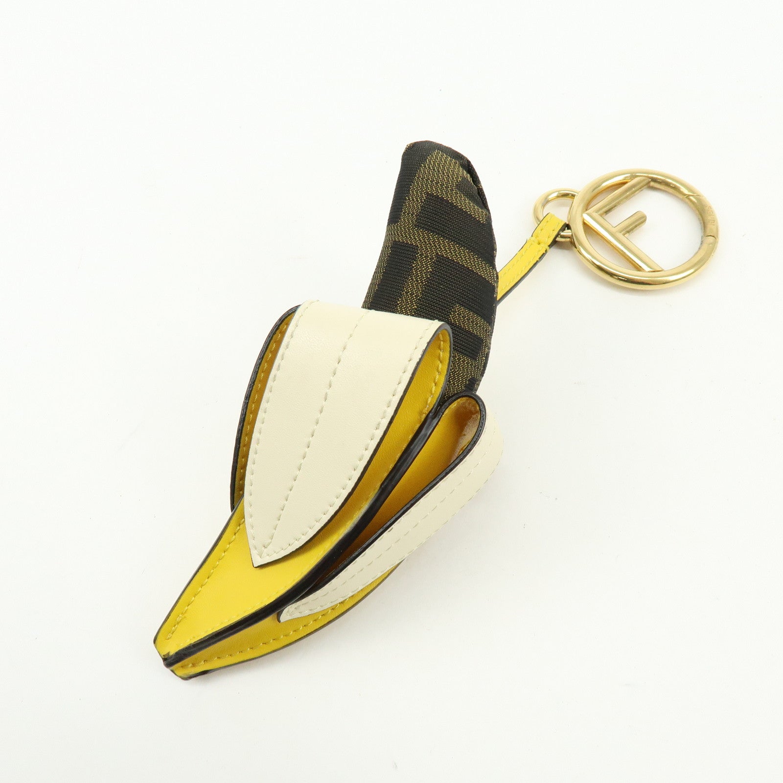 FENDI Zucca Canvas Leather Bag Charm Key Chain Yellow Brown 7AR671