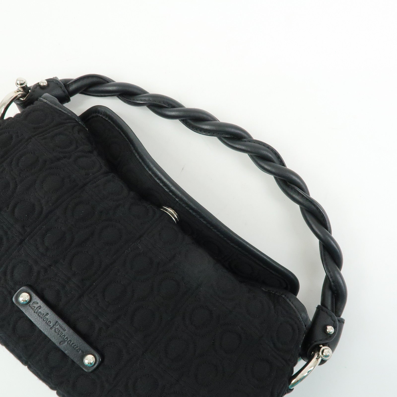 Ferragamo Gancini Canvas Leather Mini Hand Bag Black