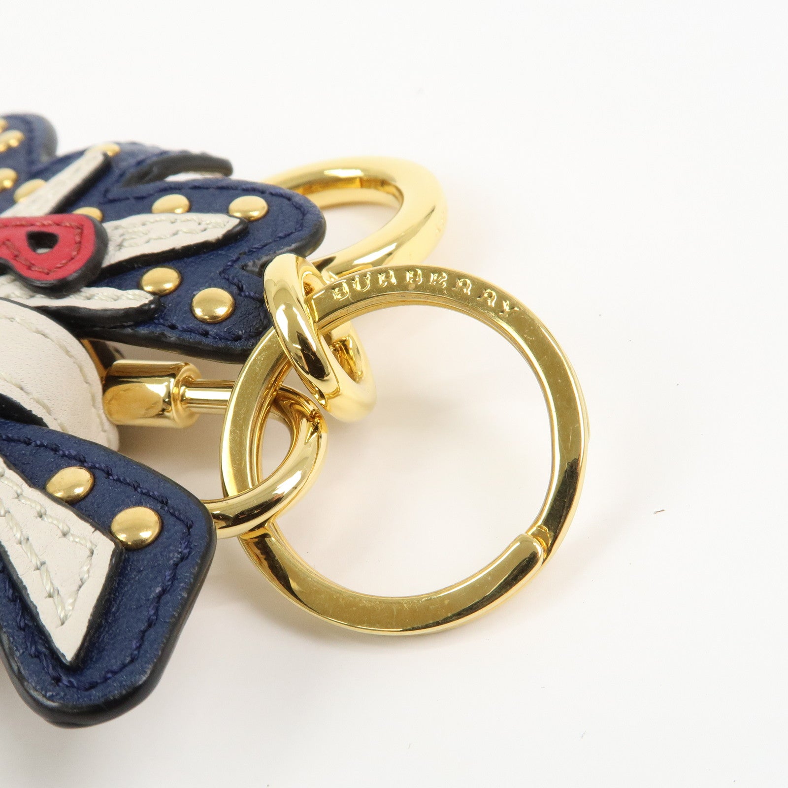 BURBERRY Leather Metal Bag Charm Key Holder Navy Gold
