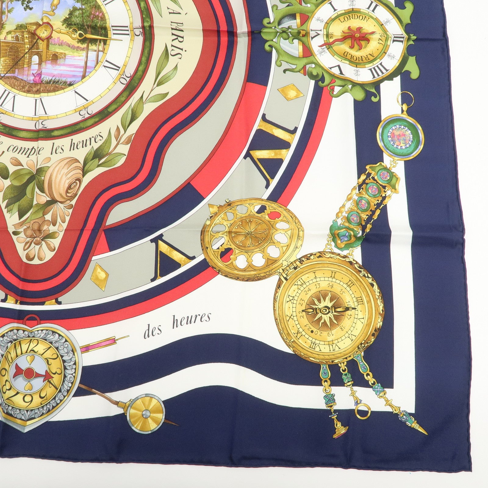 HERMES Carre 90 Silk 100% Scarf Clock Print Navy White Multicolor