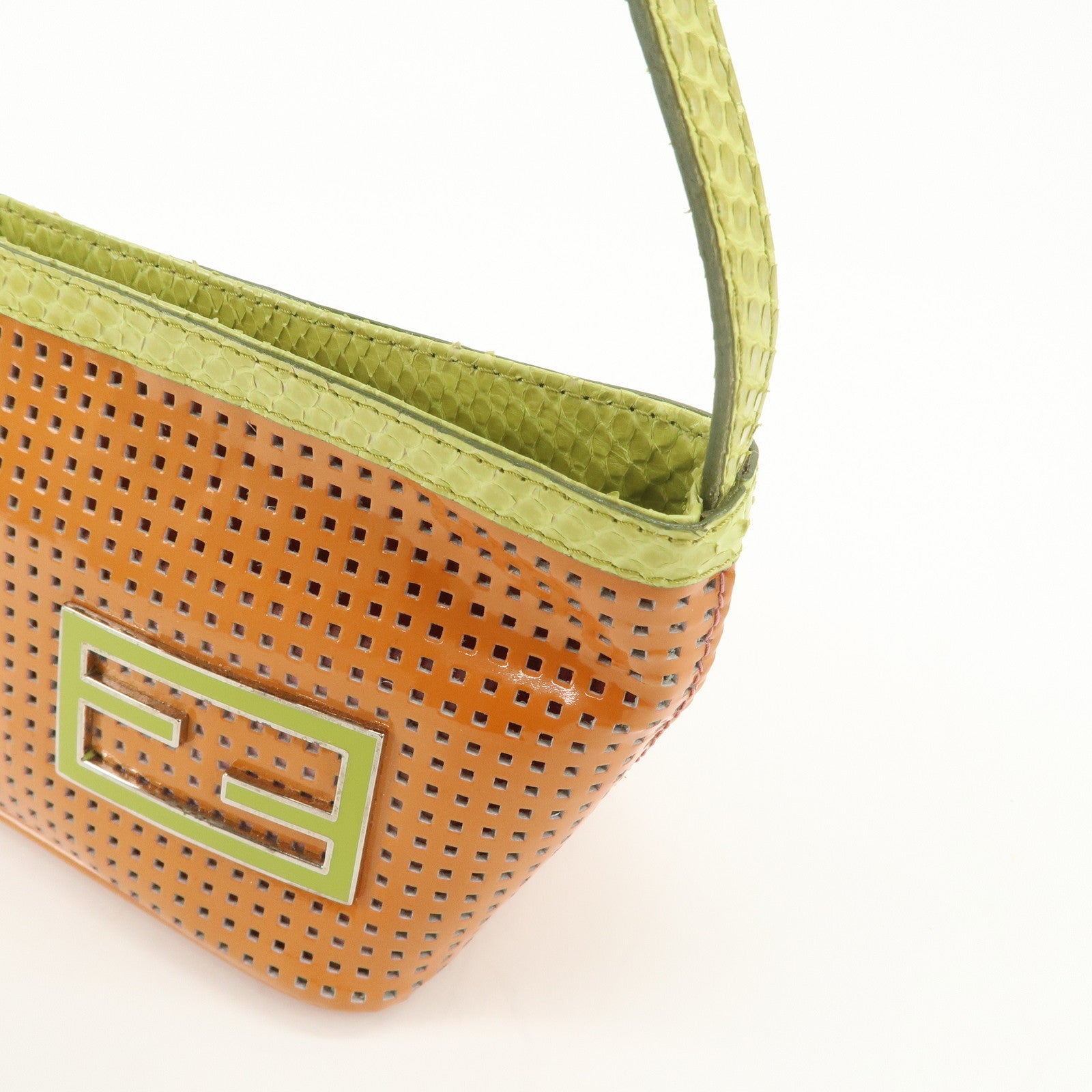 FENDI Patent Leather Mini Hand Bag Orange Lime Green 26636