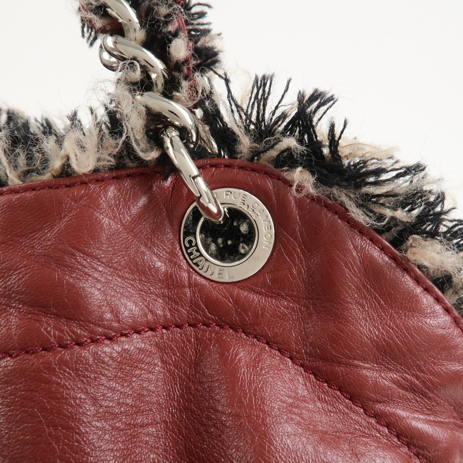 CHANEL Leather Tweed Chain Shoulder Tote Bag Bordeaux A49559
