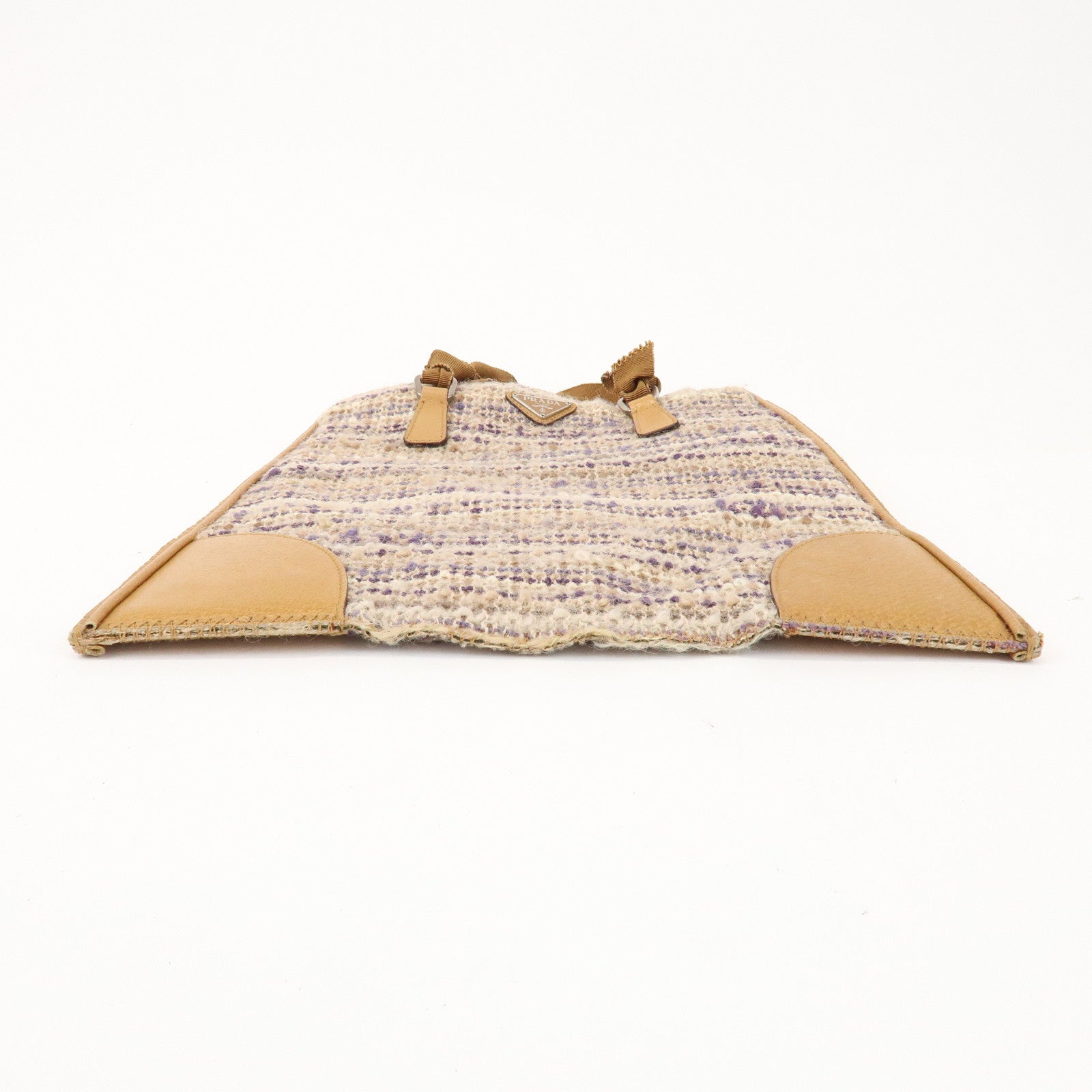 PRADA Triangle Logo Tweed Leather Hand Bag Light Brown Multicolor