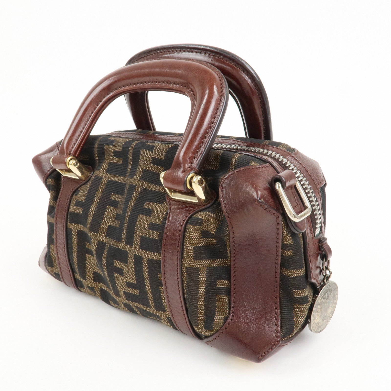 FENDI Zucca Canvas Leather 2Way Bag Mini Boston Bag Hand Bag 8BL084