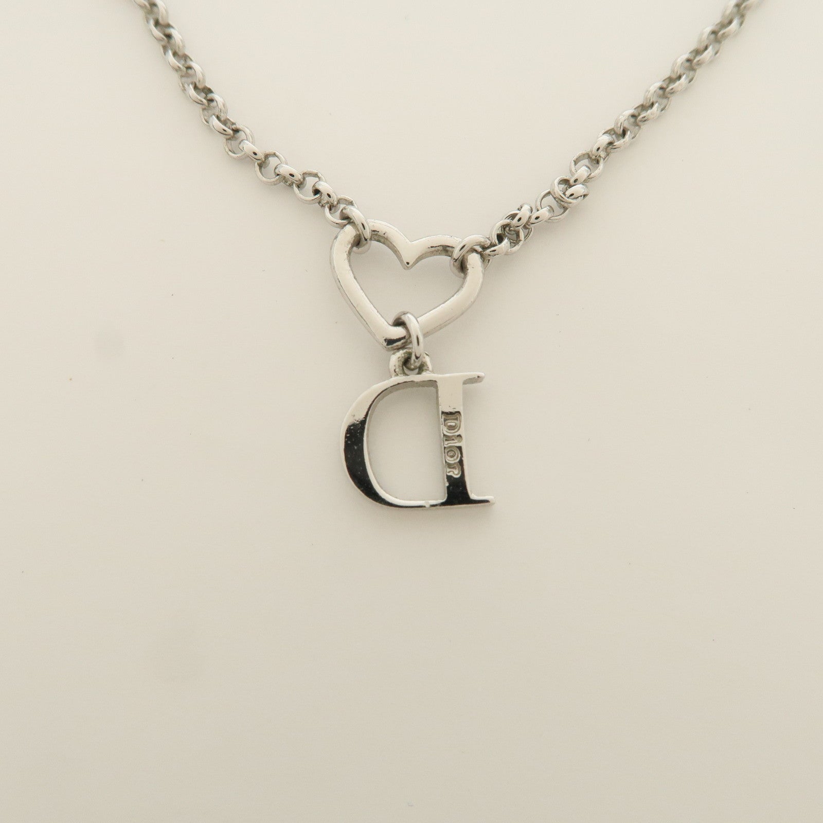 Christian Dior D Logo Heart Pendant Metal Necklace Silver