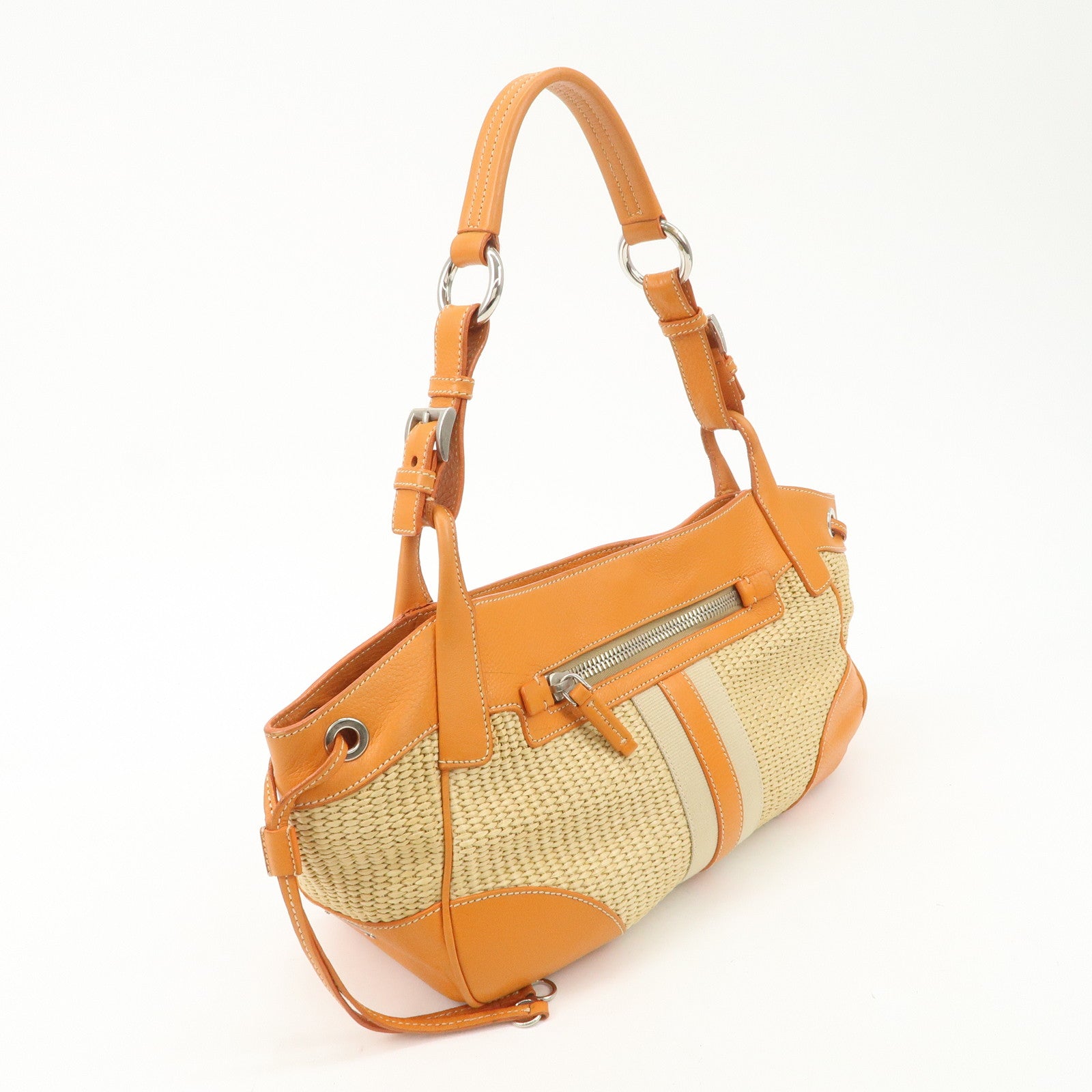 PRADA Triangle Logo Raffia Leather Shoulder Bag Beige Orange
