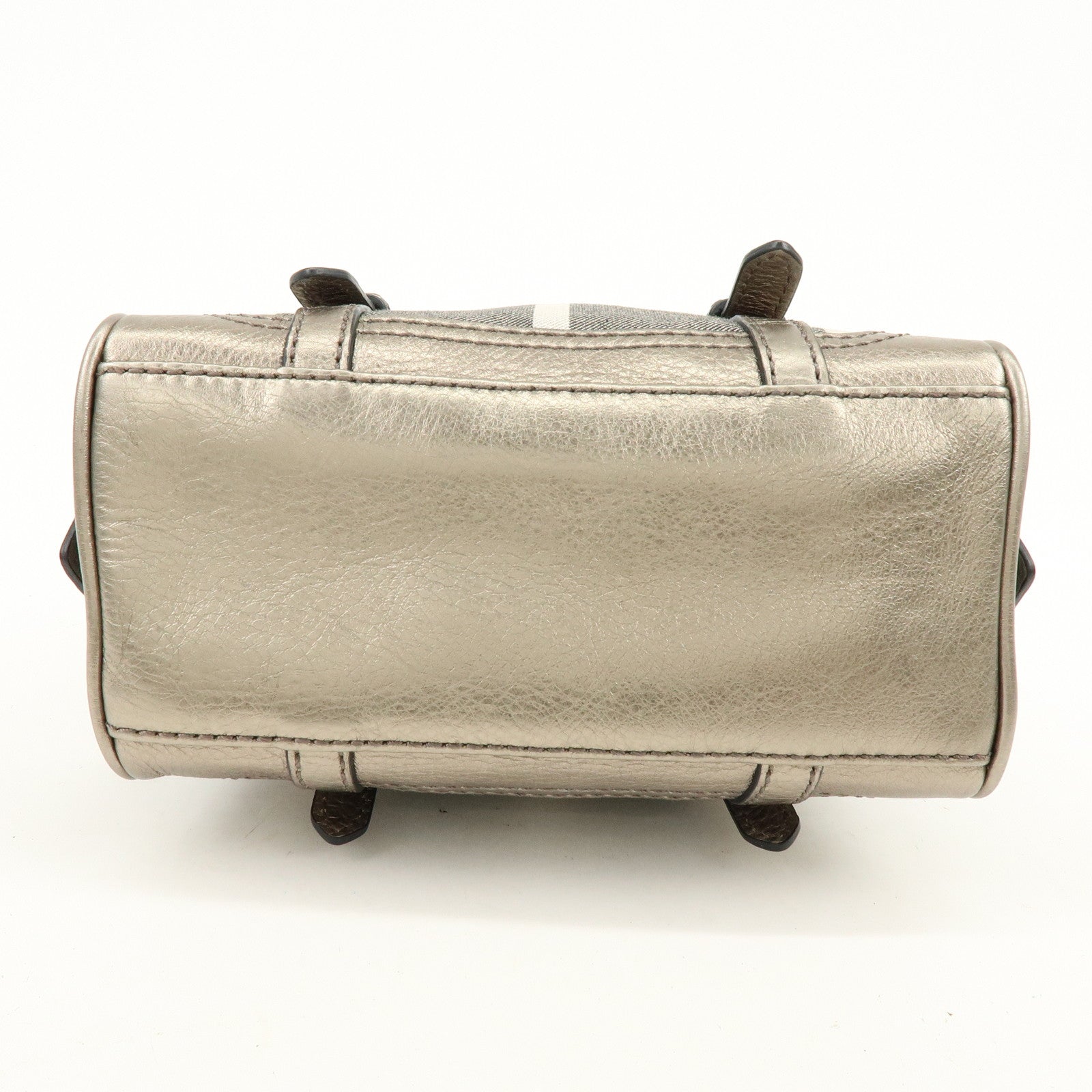 BURBERRY Plaid Canvas Leather Hand Bag Gray Champagne Gold