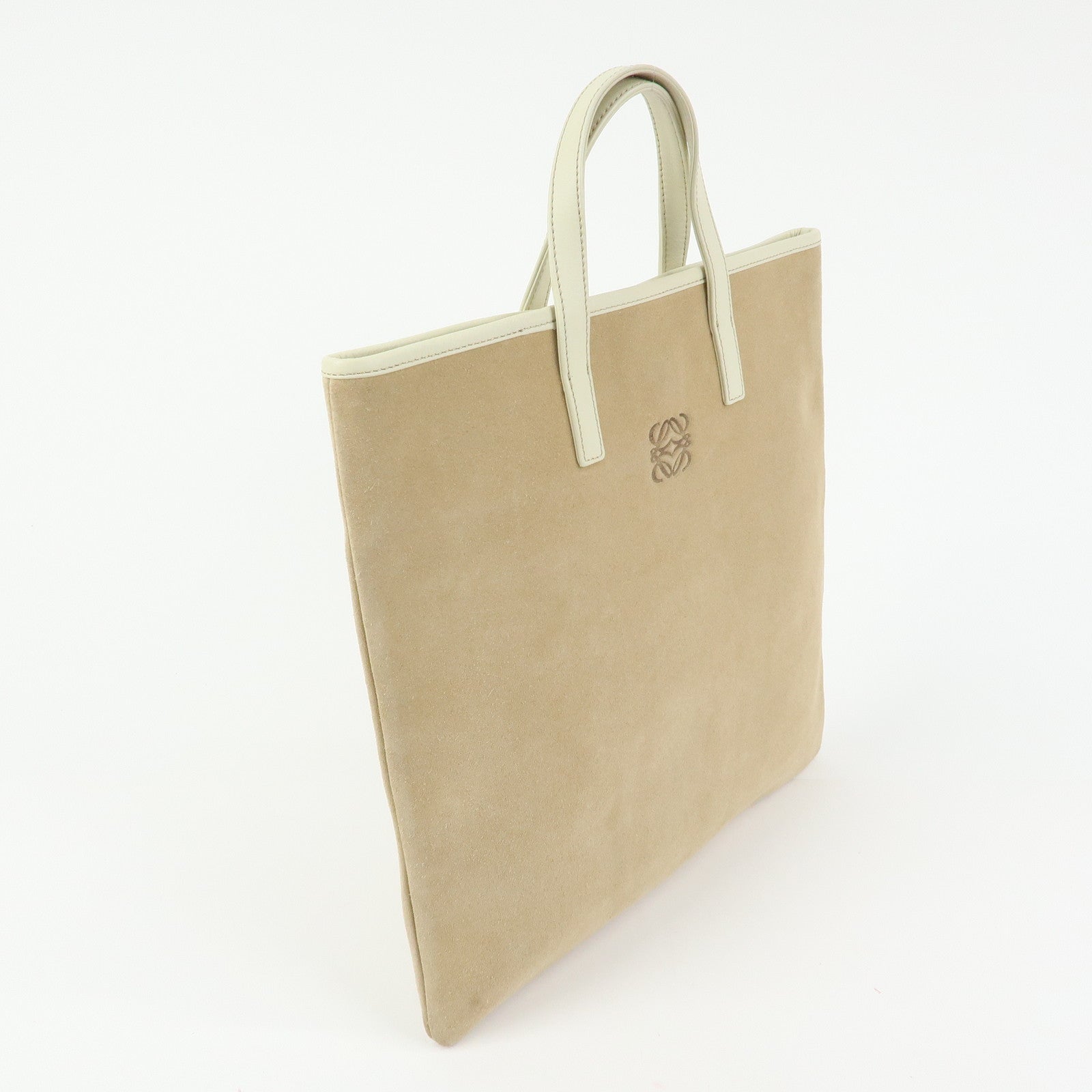 LOEWE Anagram Suede Leather Tote Bag Hand Bag Beige White