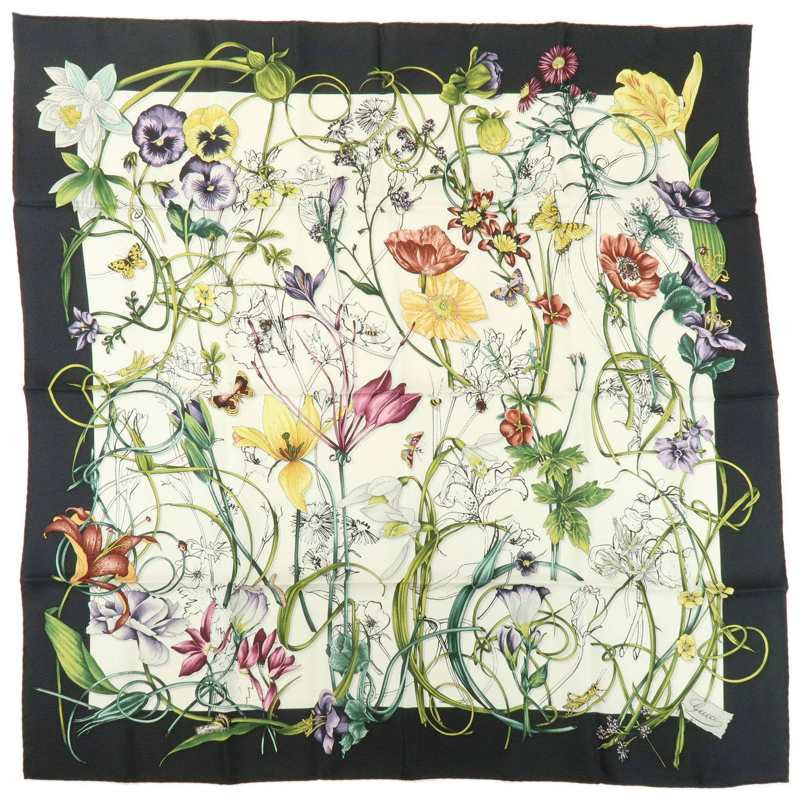 GUCCI Flora  Silk 100% Scarf Flower PrintWhite Black Yellow