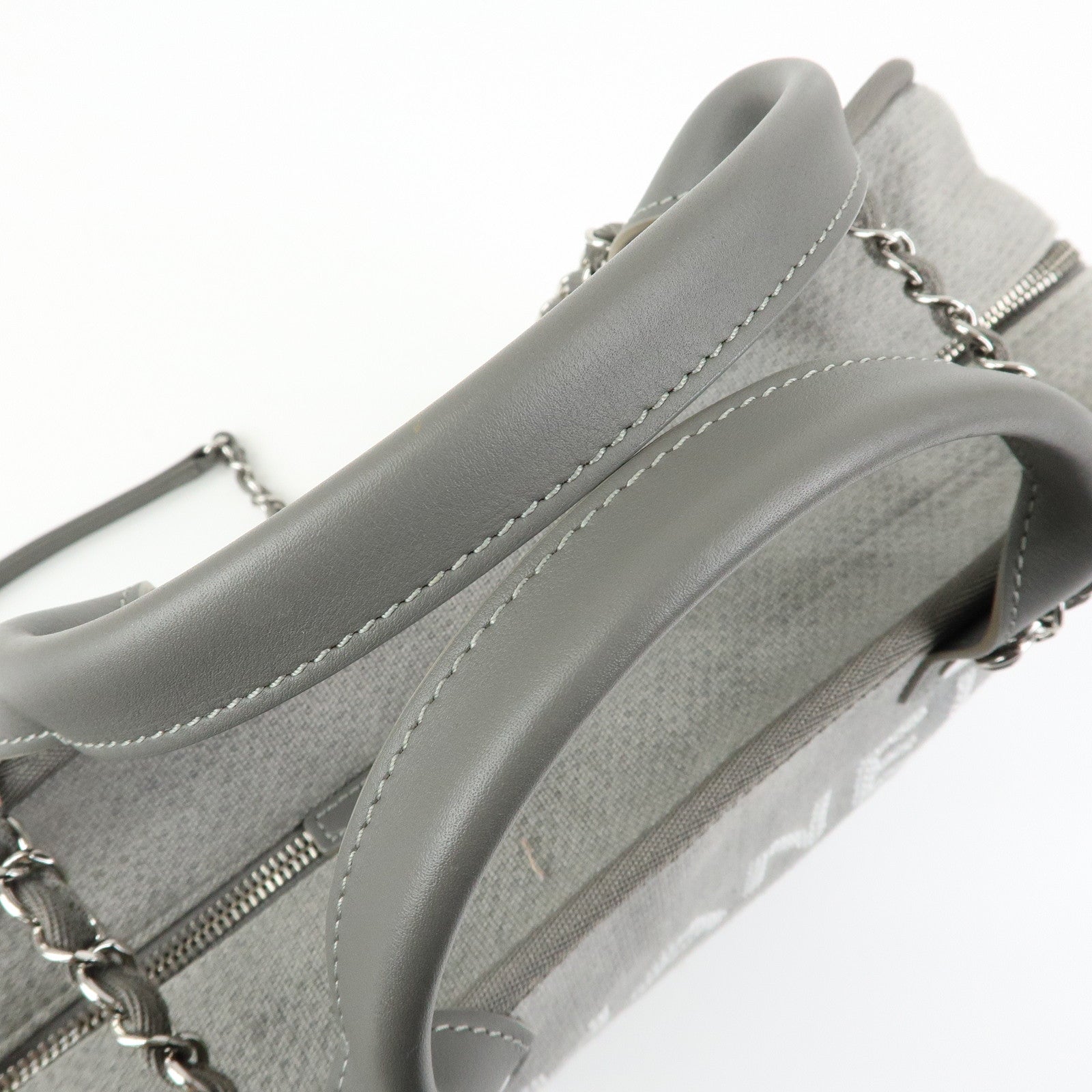 CHANEL Deauville Canvas Leather 2Way Boston Chain Shoulder Bag Gray