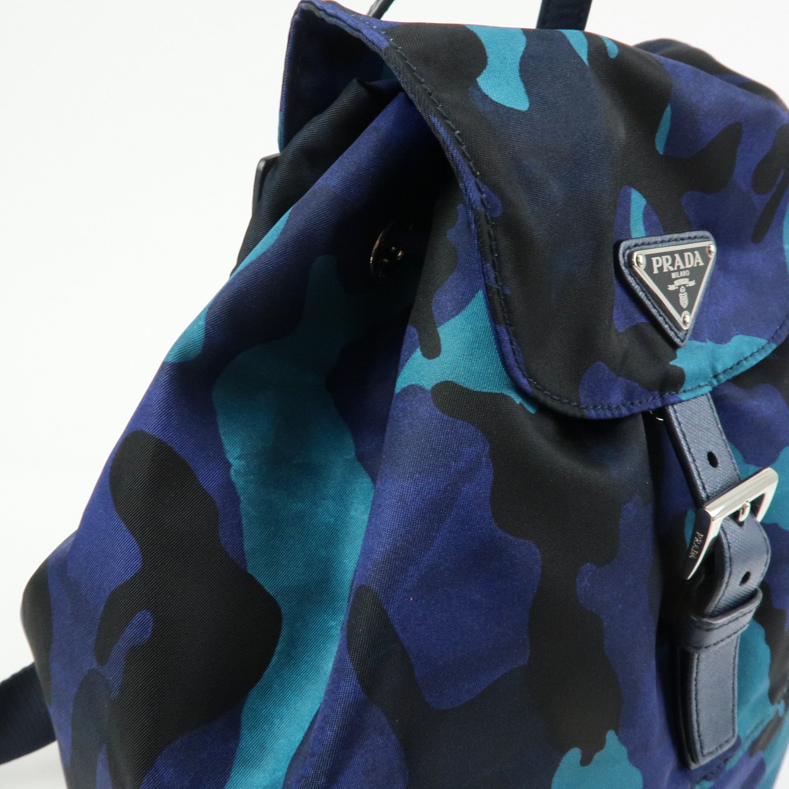 PRADA Triangle Logo Nylon Leather Backpack Camouflage Motif Blue