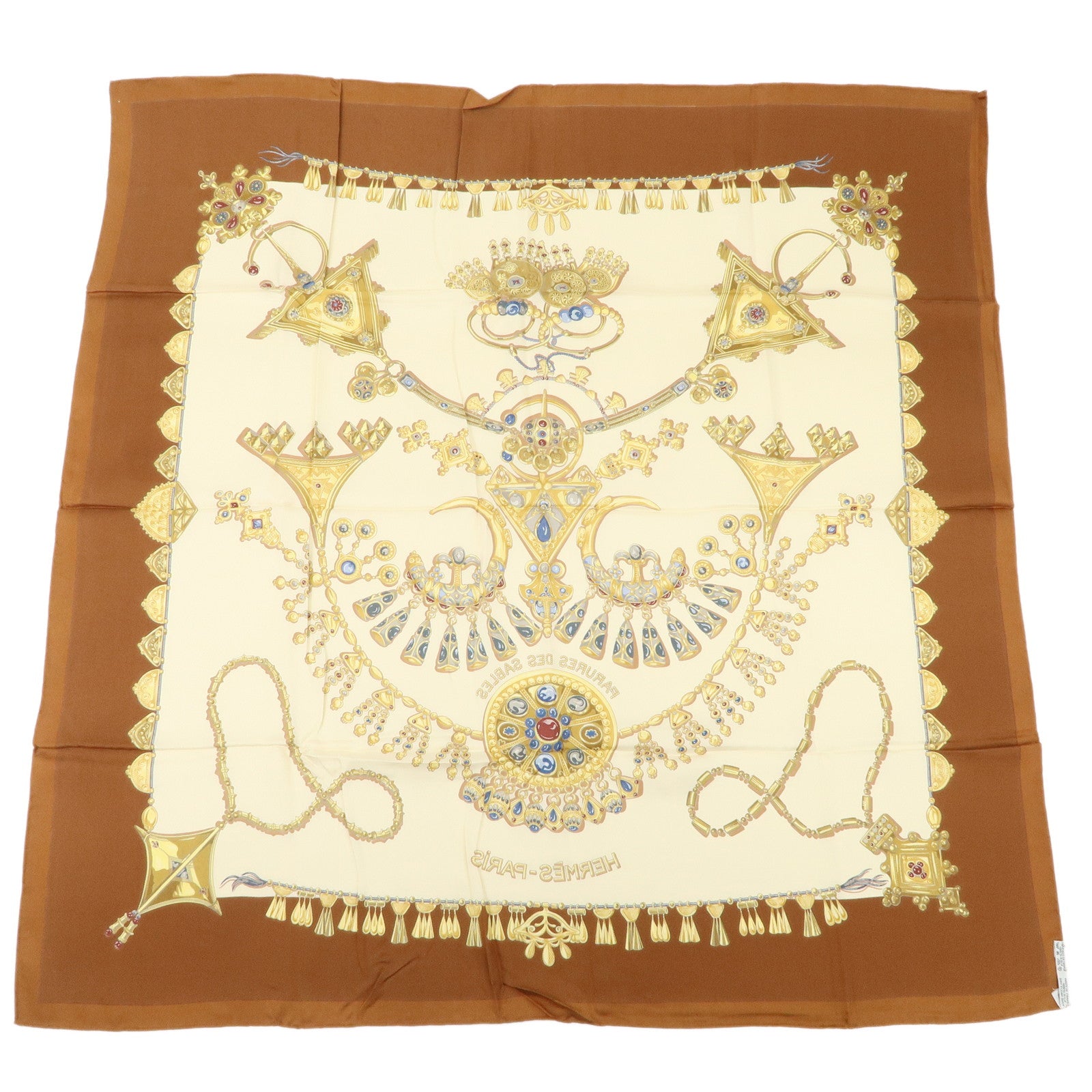 HERMES Carre 90 Silk 100% Scarf PARURES DES SABLES Gold Brown Used