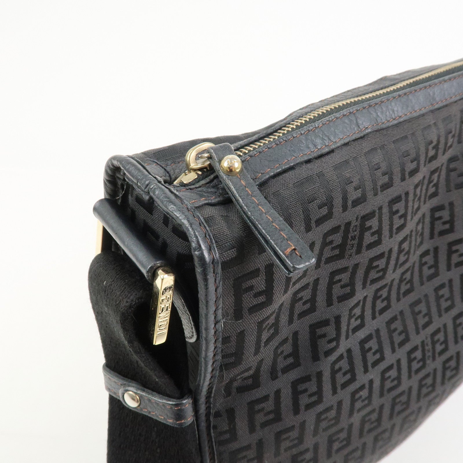 FENDI Zucchino Canvas Leather Shoulder Crossbody Bag Black 8BT090
