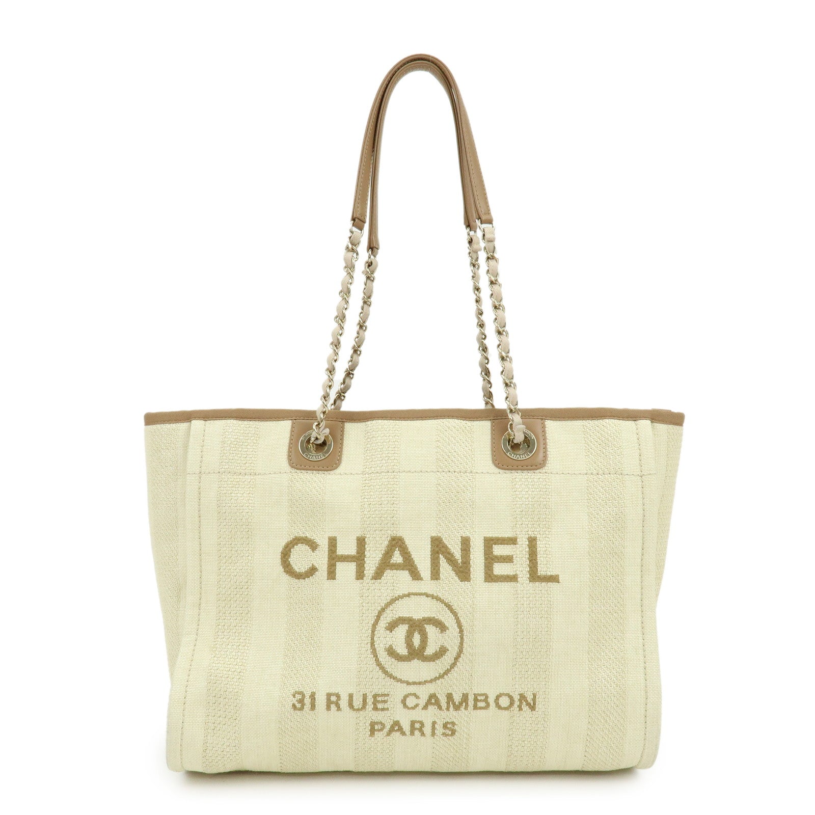 CHANEL Deauville MM Straw Leather Tote Shoulder Bag Beige A67001