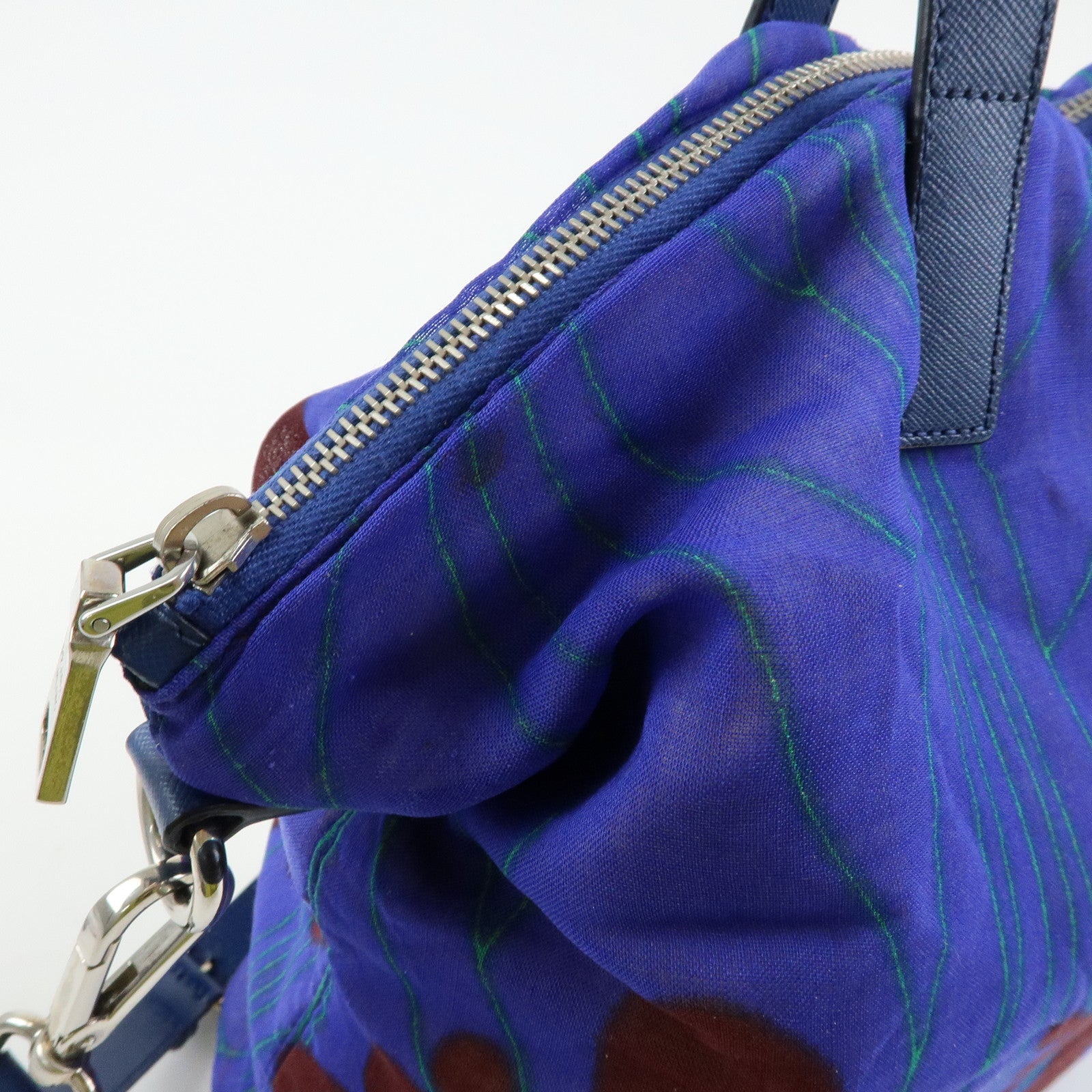 PRADA Triangle Logo Linen Leather 2Way Bag Flower Motif Blue BR4696