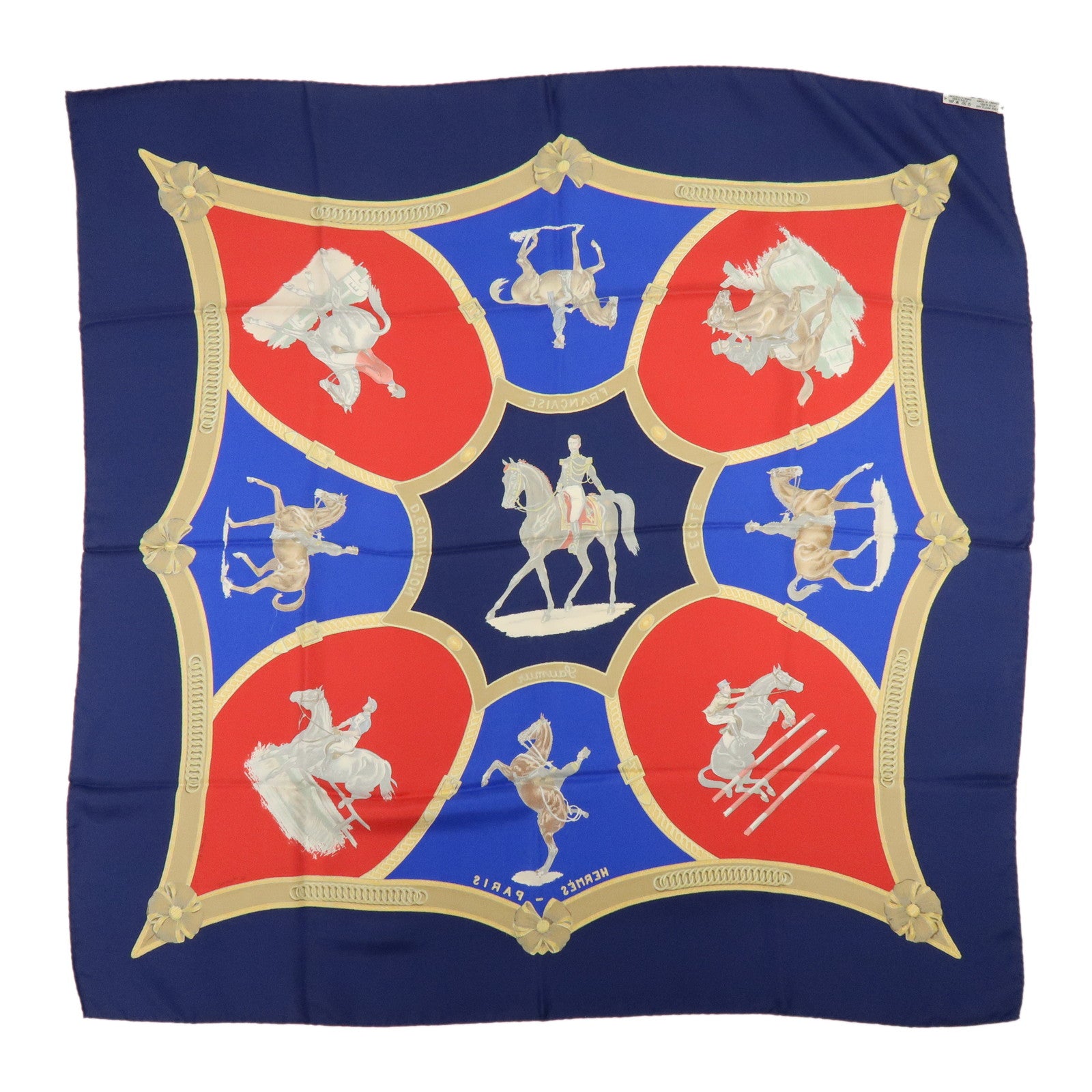 HERMES Carre 90 Silk 100% Scarf Le General LA Hotte Navy Red Blue