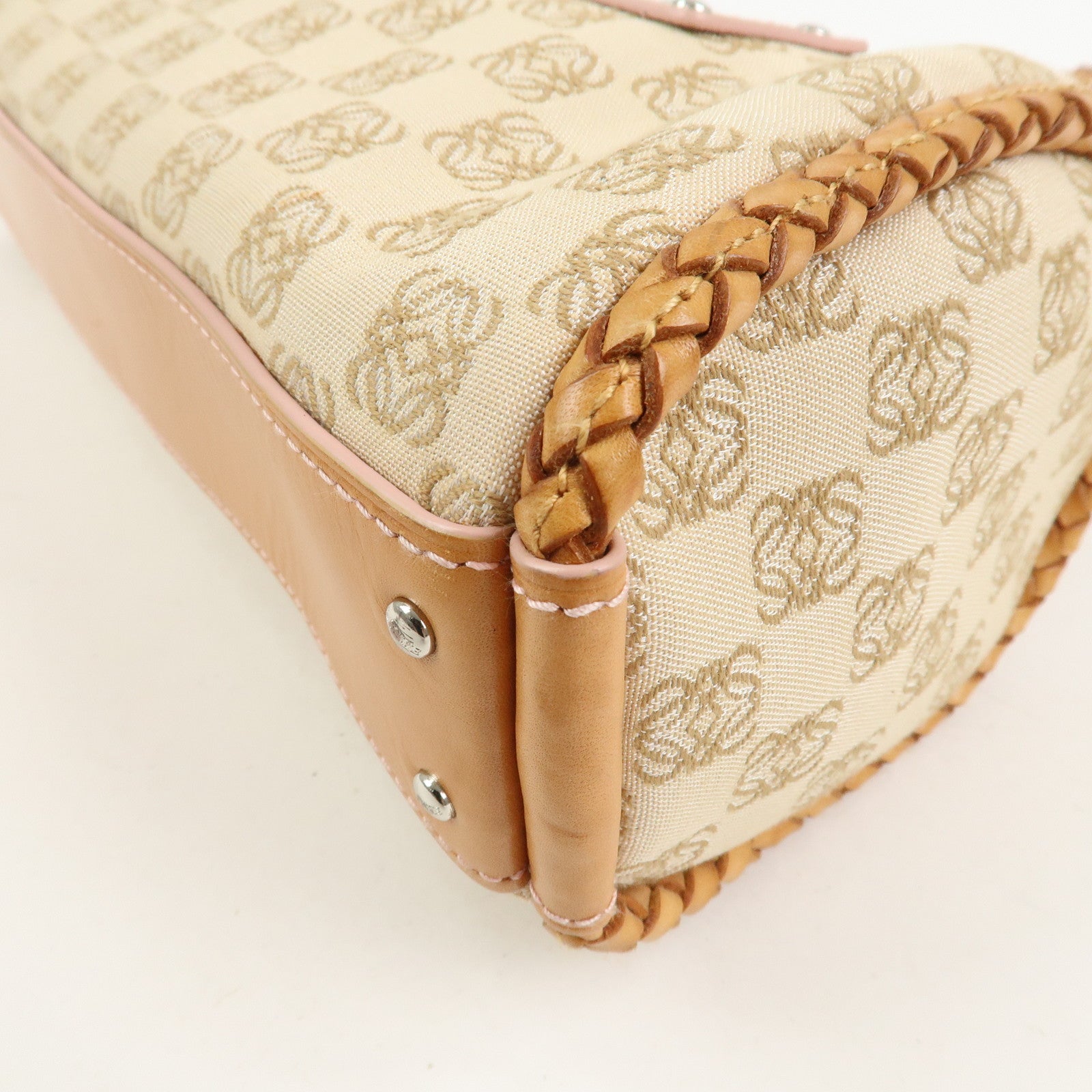 LOEWE Anagram Logo Canvas Shoulder Bag Leather Beige Light Brown