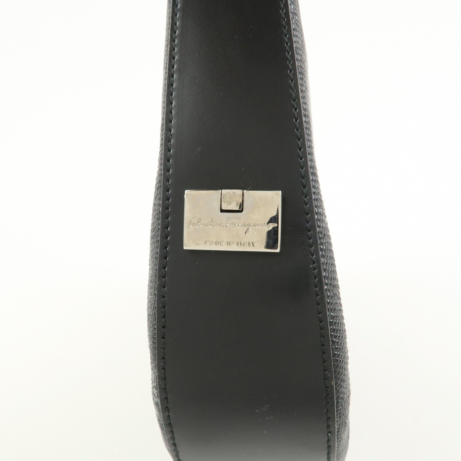 Ferragamo Embossed Leather Shoulder Bag Hand Bag Black