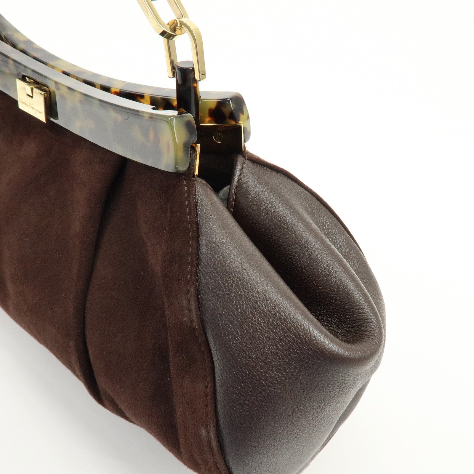 Ferragamo Suede Leather Plastic Shoulder Bag Hand Bag Brown