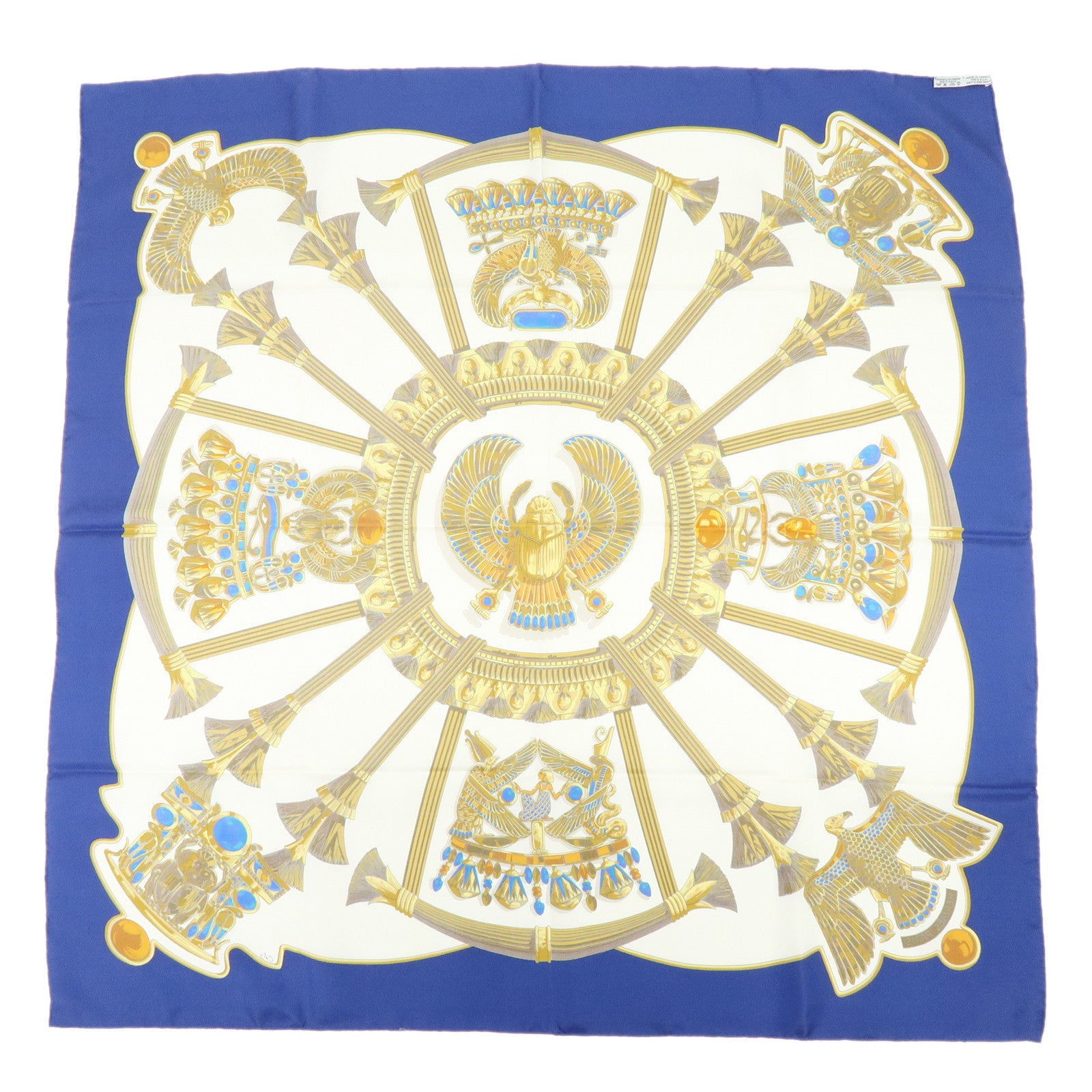 HERMES Carre 90 Silk100% Caty Ancient Egypt Scarab Scarf Blue White