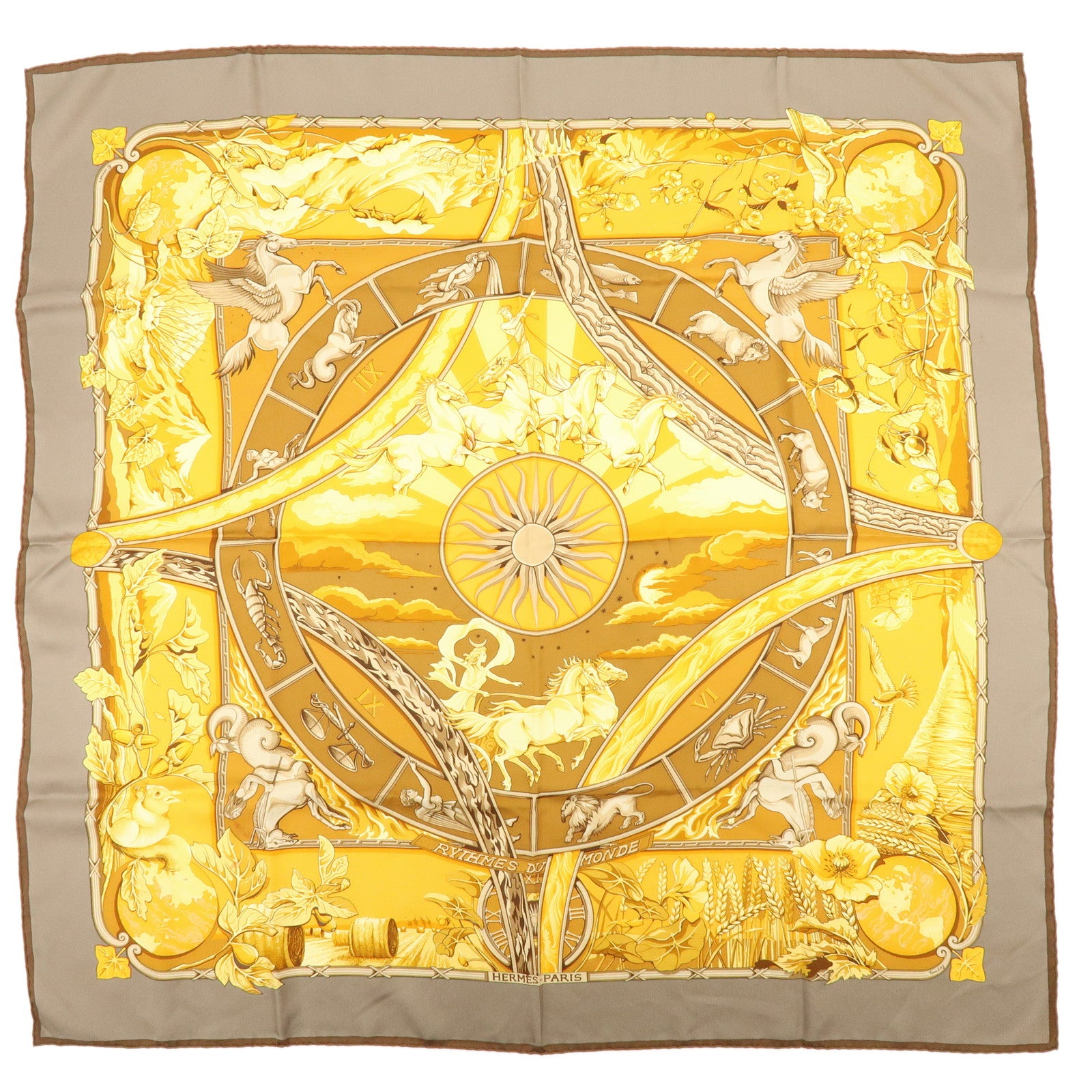 HERMES Carre 90 Silk 100% RYTHMES DU MONDE Scarf Orange