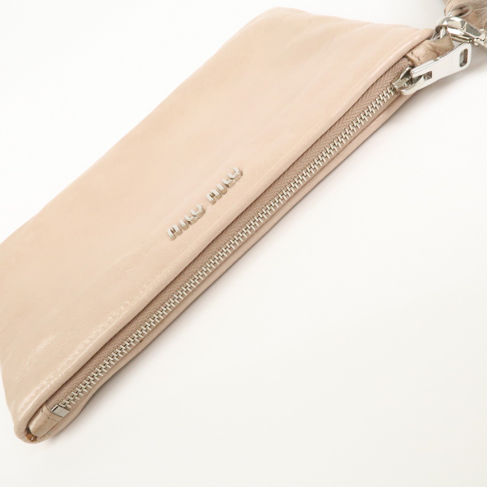 MIU MIU Leather Fur Clutch Bag Pouch Pink Beige 5NH811