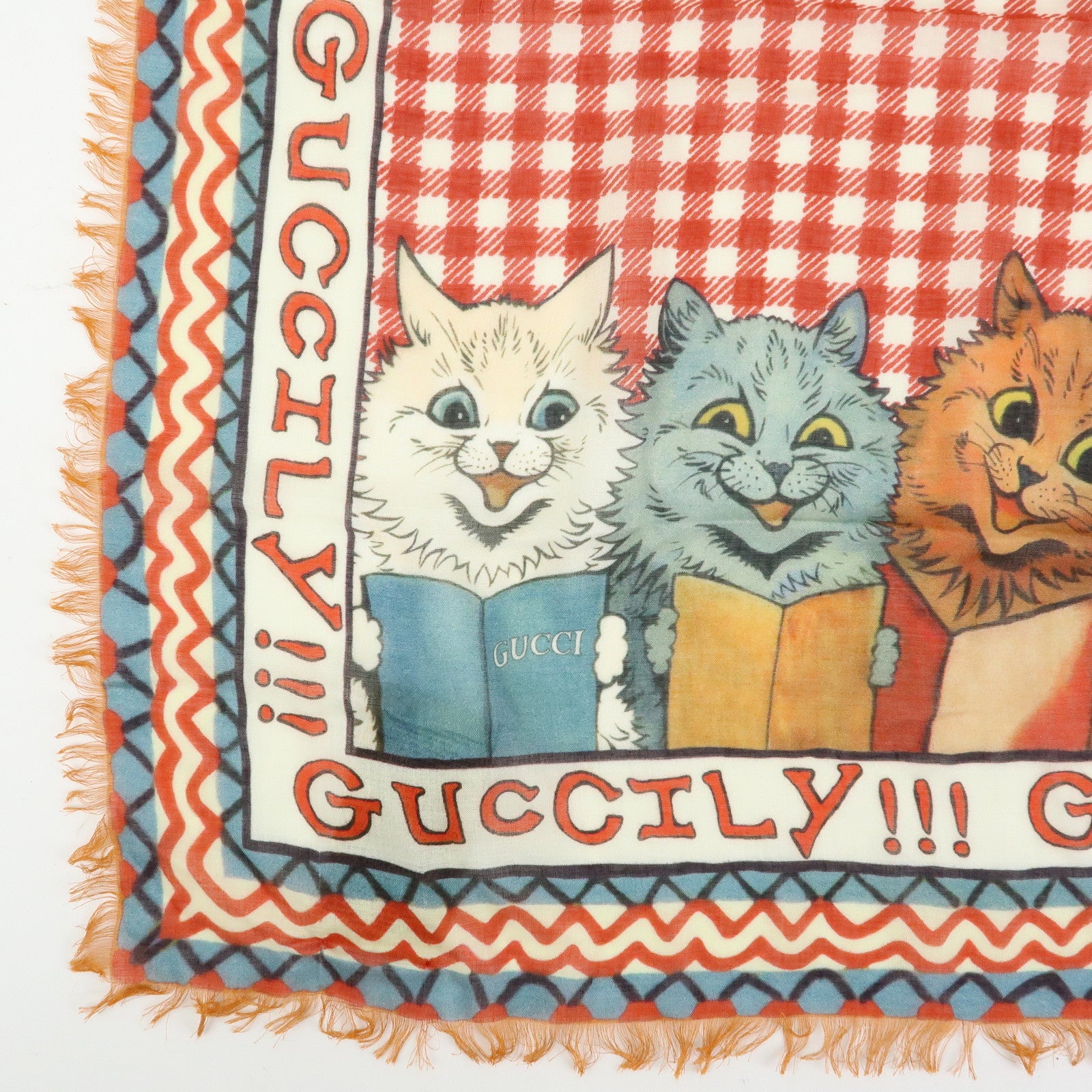 GUCCI Rayon Silk Scarf 5 Cats Print Gingham Red