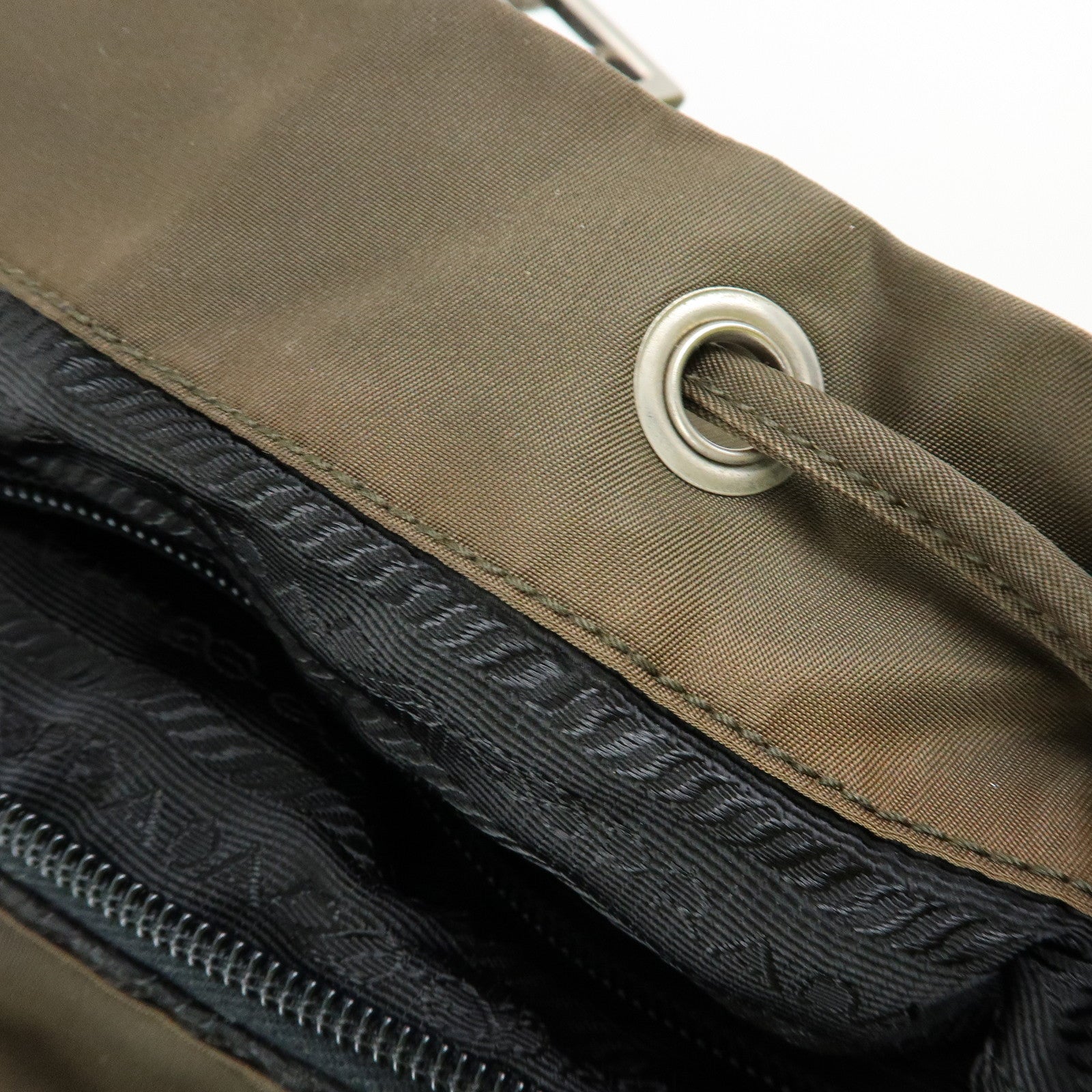 PRADA Triangle Logo Nylon Leather Backpack Rucksack Khaki B6677