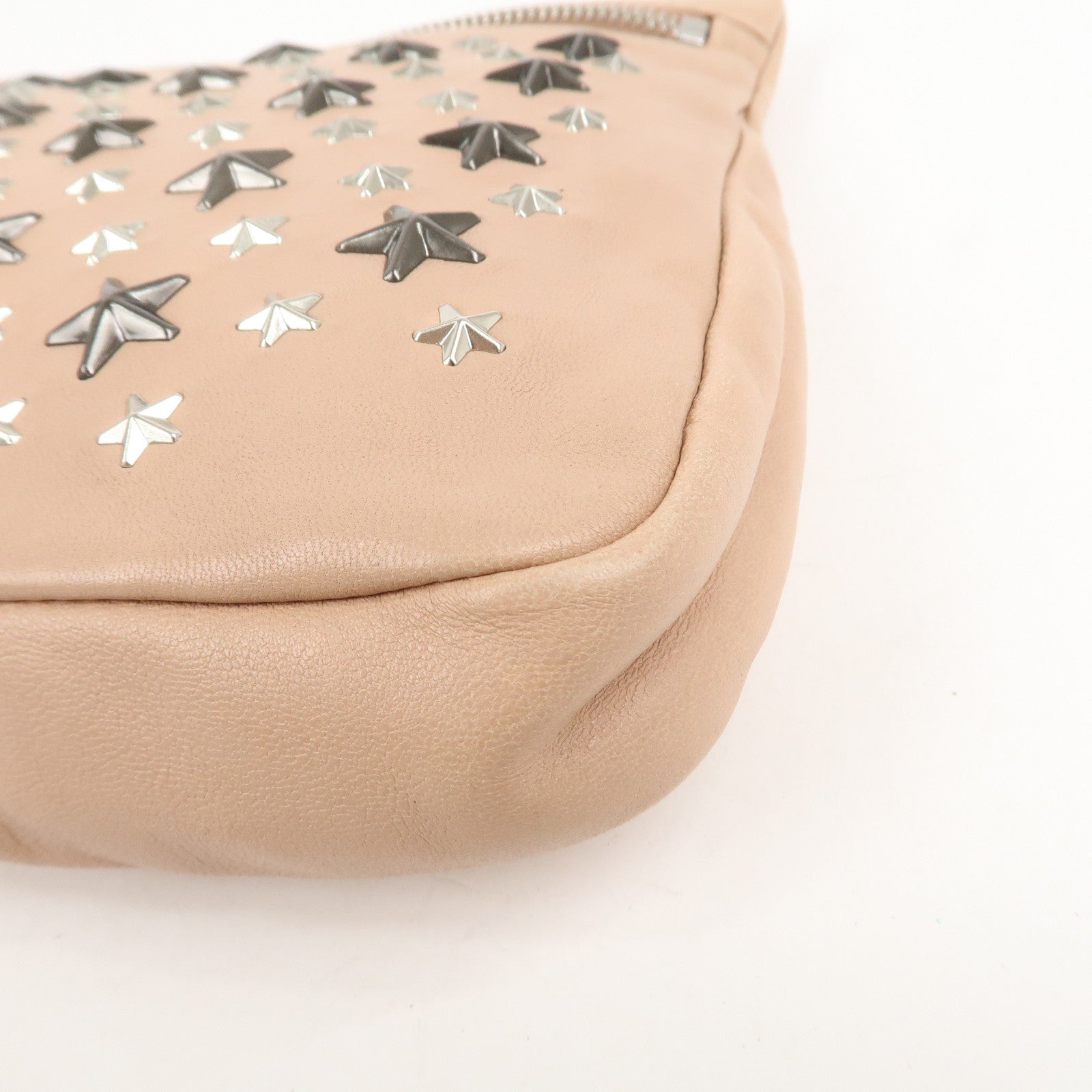 JIMMY CHOO Studs Leather Clutch Bag Hand Bag Pink Beige