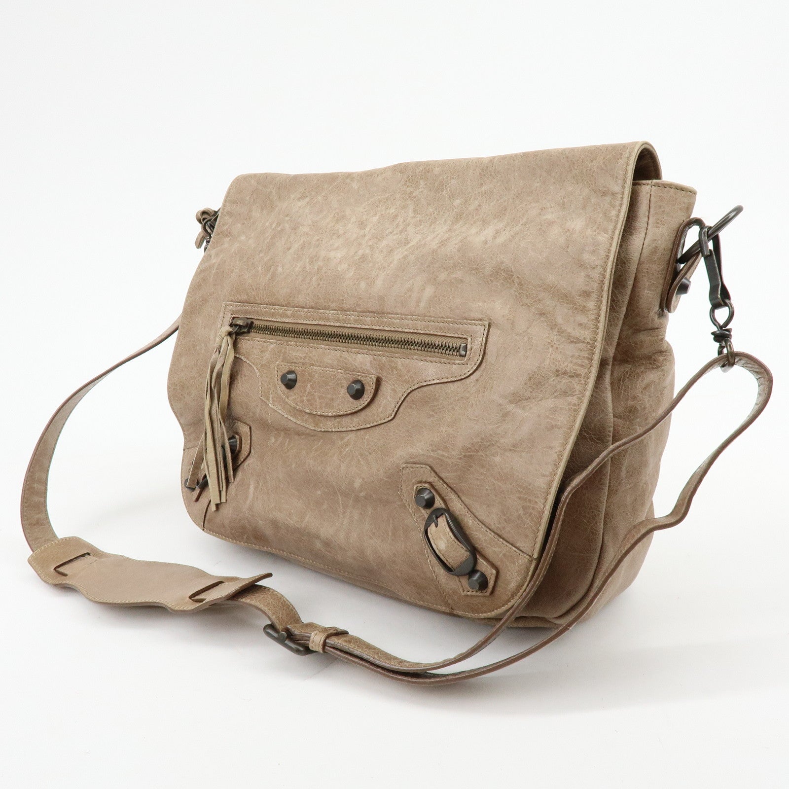 BALENCIAGA The Folk Leather Shoulder Bag Messenger Bag Brown 246432