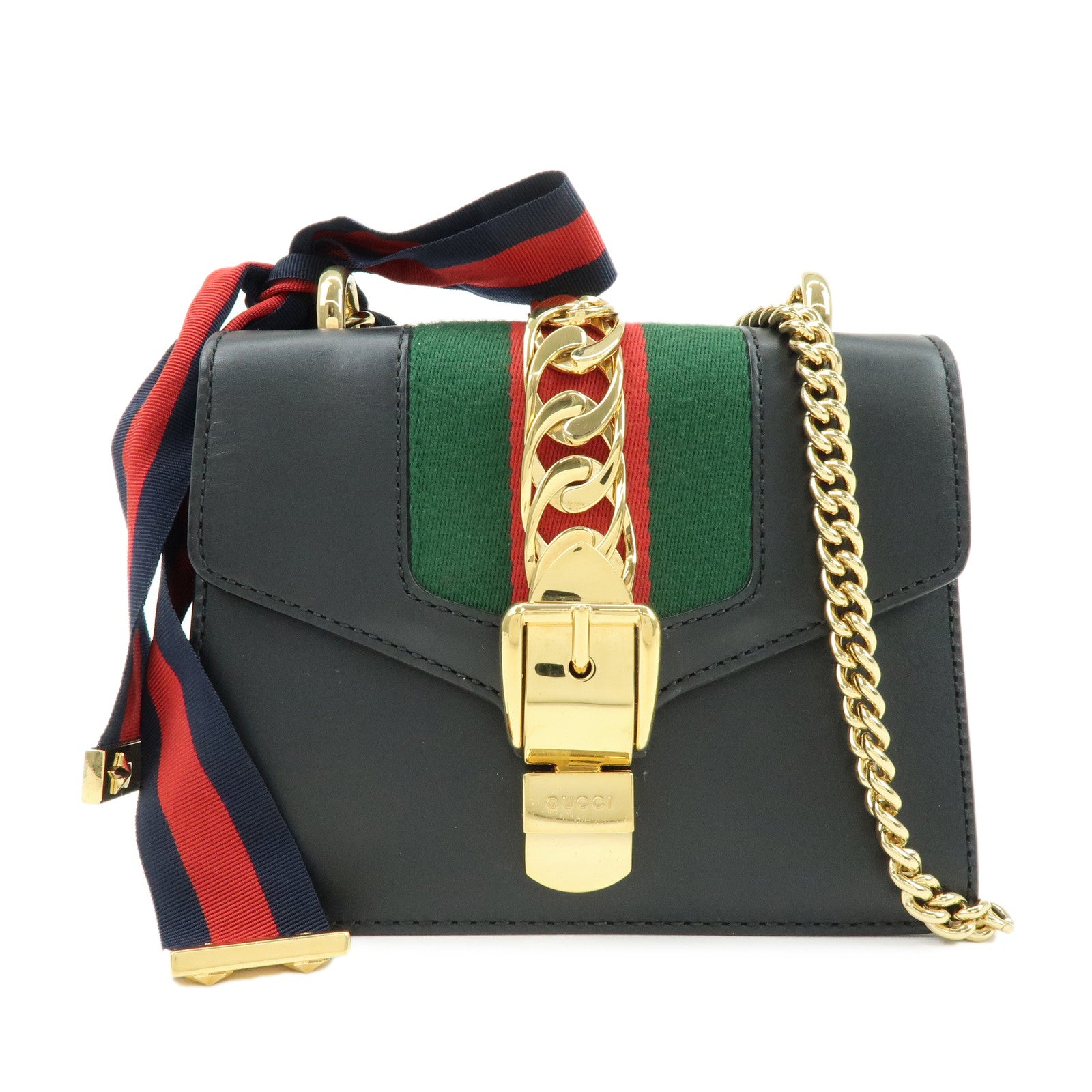 GUCCI Sylvie Sherry Leather Chain Shoulder Bag Black 431666