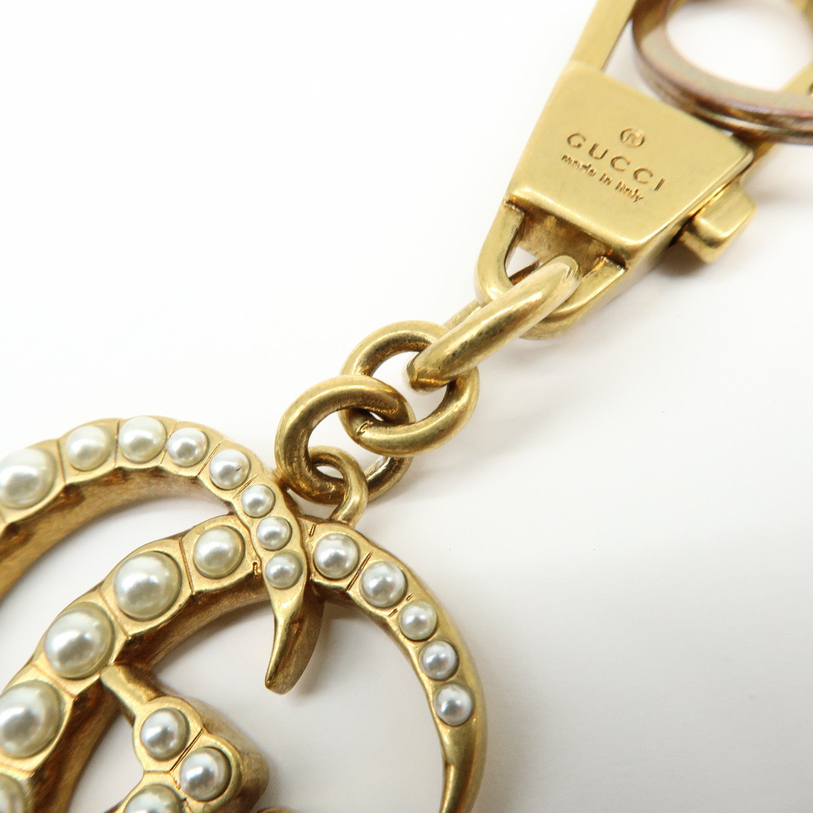 GUCCI GG Marmont Double G Metal Faux Pearl Bag Charm Gold 476428