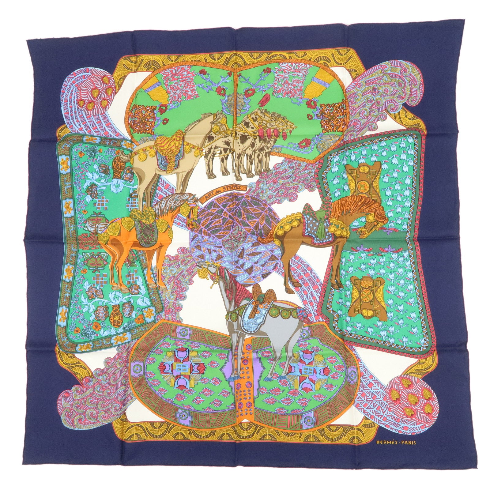 HERMES HERMES Carre 90 Silk 100% Scarf ART des STEPPES Navy