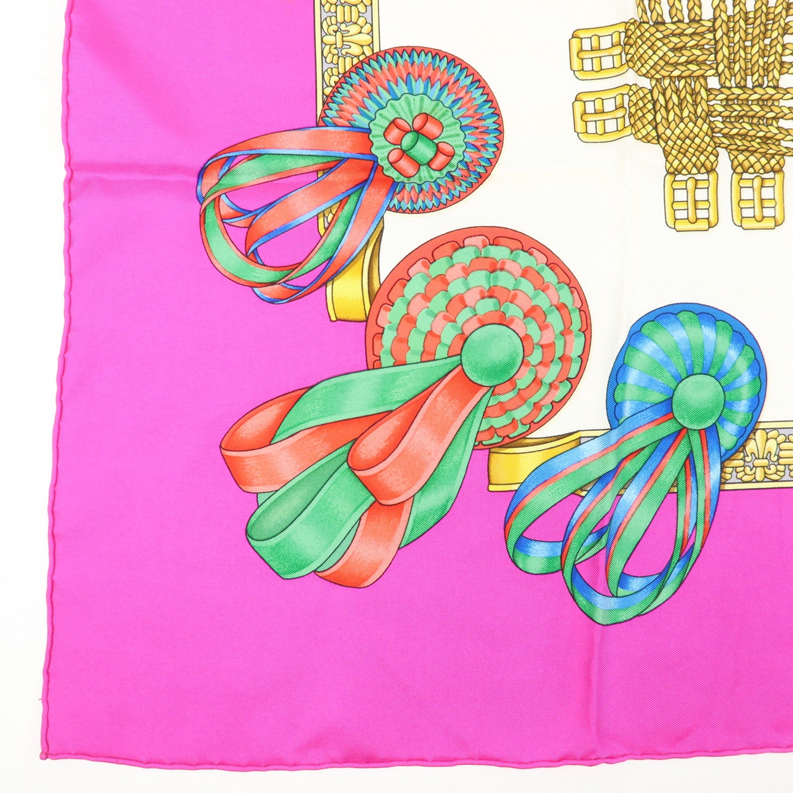 HERMES Carre 90 Silk 100% Scarf LES RUBANS DU CHEVAL Pink White