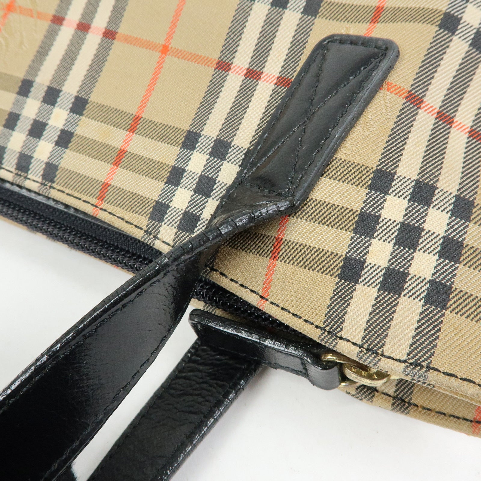 BURBERRY Canvas Leather Nova Plaid Tote Shoulder Bag Beige Black