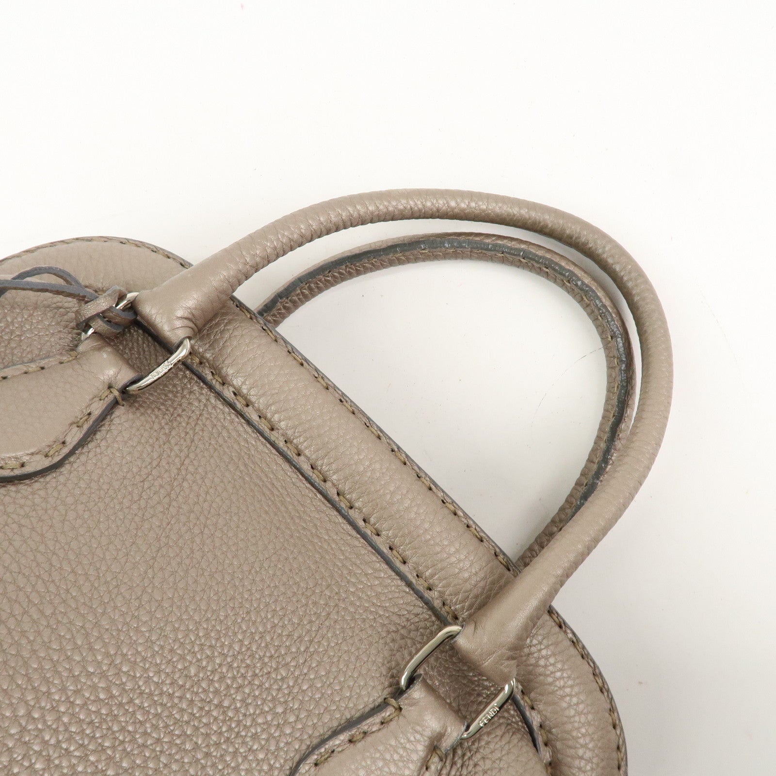 FENDI Selleria Logo Leather Boston Bag Hand Bag Greige 8BN127