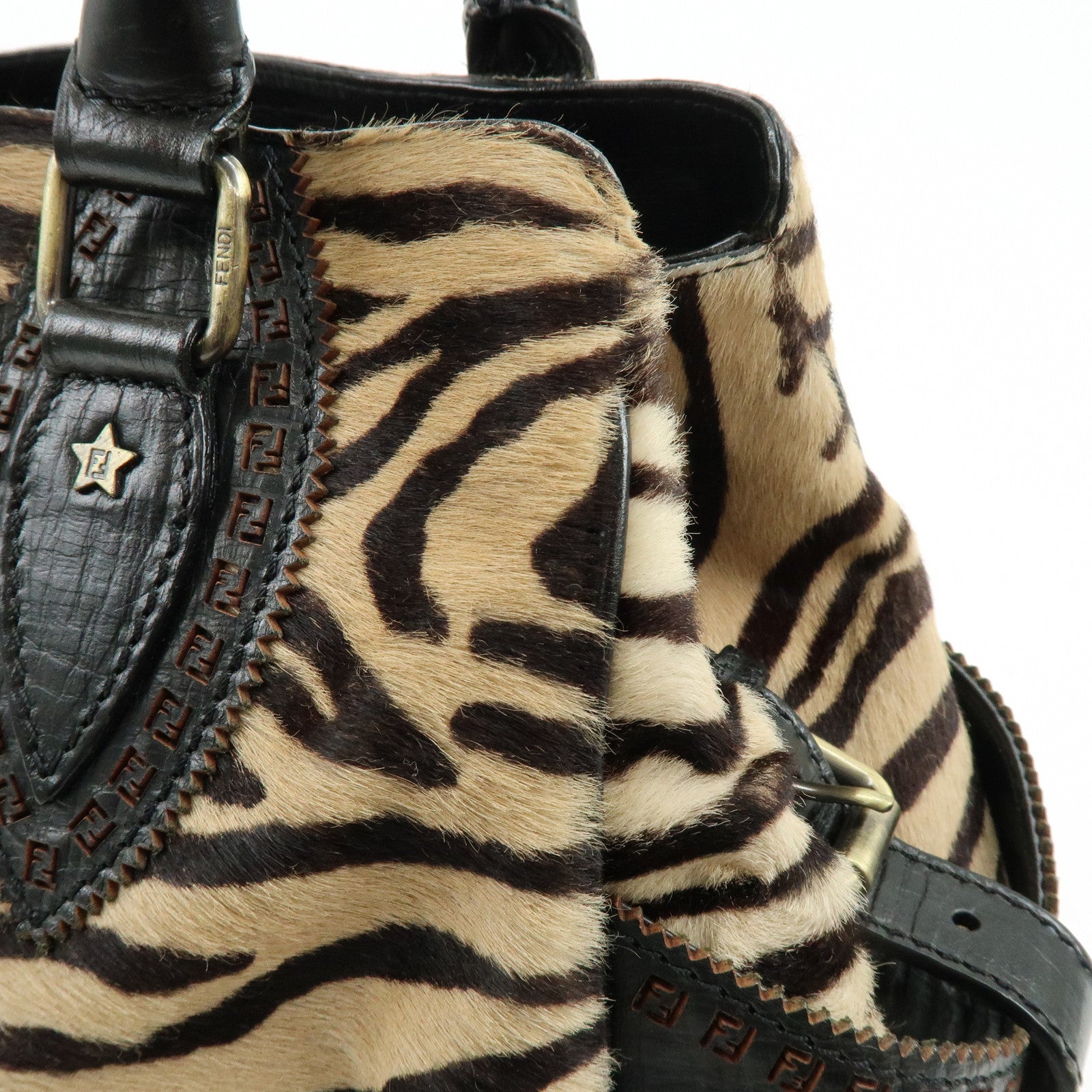 FENDI Etnico Calf Hair Leather Tote Bag Shoulder Bag Brown 8BN162