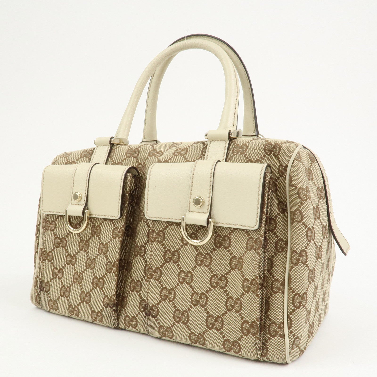 GUCCI GG Canvas Leather Mini Boston Bag Hand Bag Brown Ivory 153026