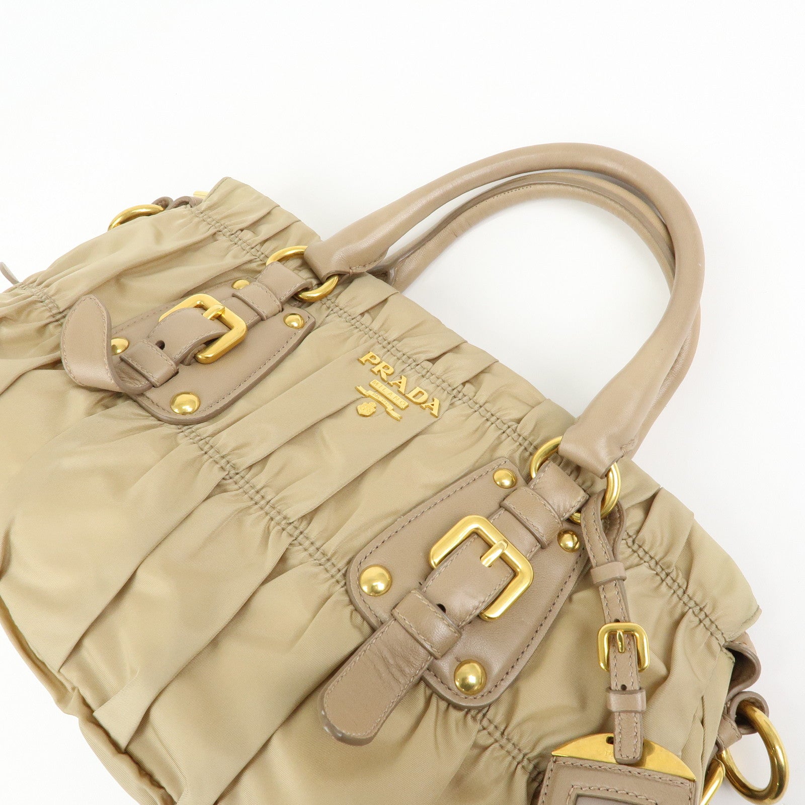 PRADA Gathered Nylon Leather 2Way Hand Shoulder Bag Beige BN1407